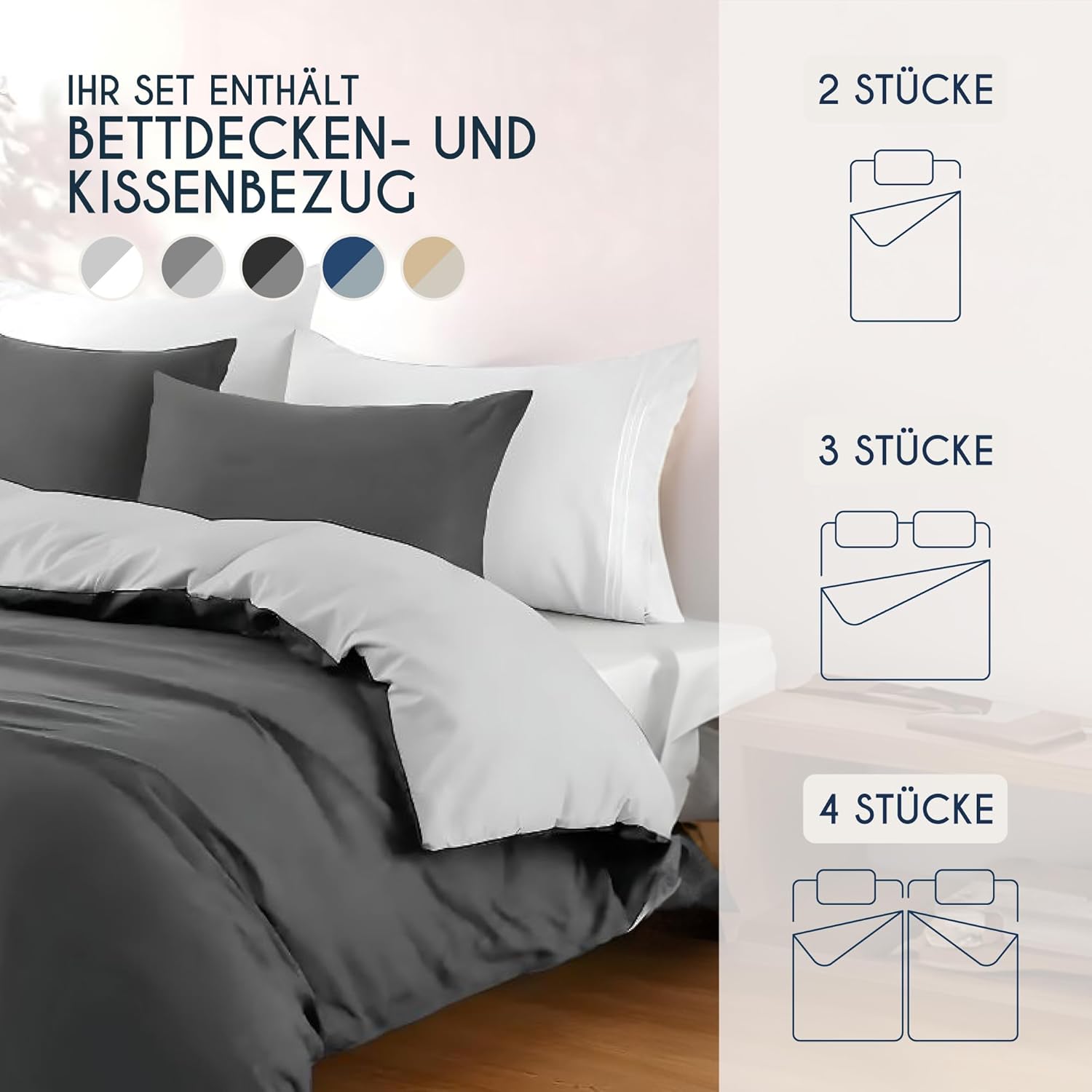 Thumbnail 5 de Dreamzie Bettwäsche Set 155x220 cm – Dunkelgrau/Hellgrau, 2 Kissenbezüge 80x80 cm, OEKO-TEX