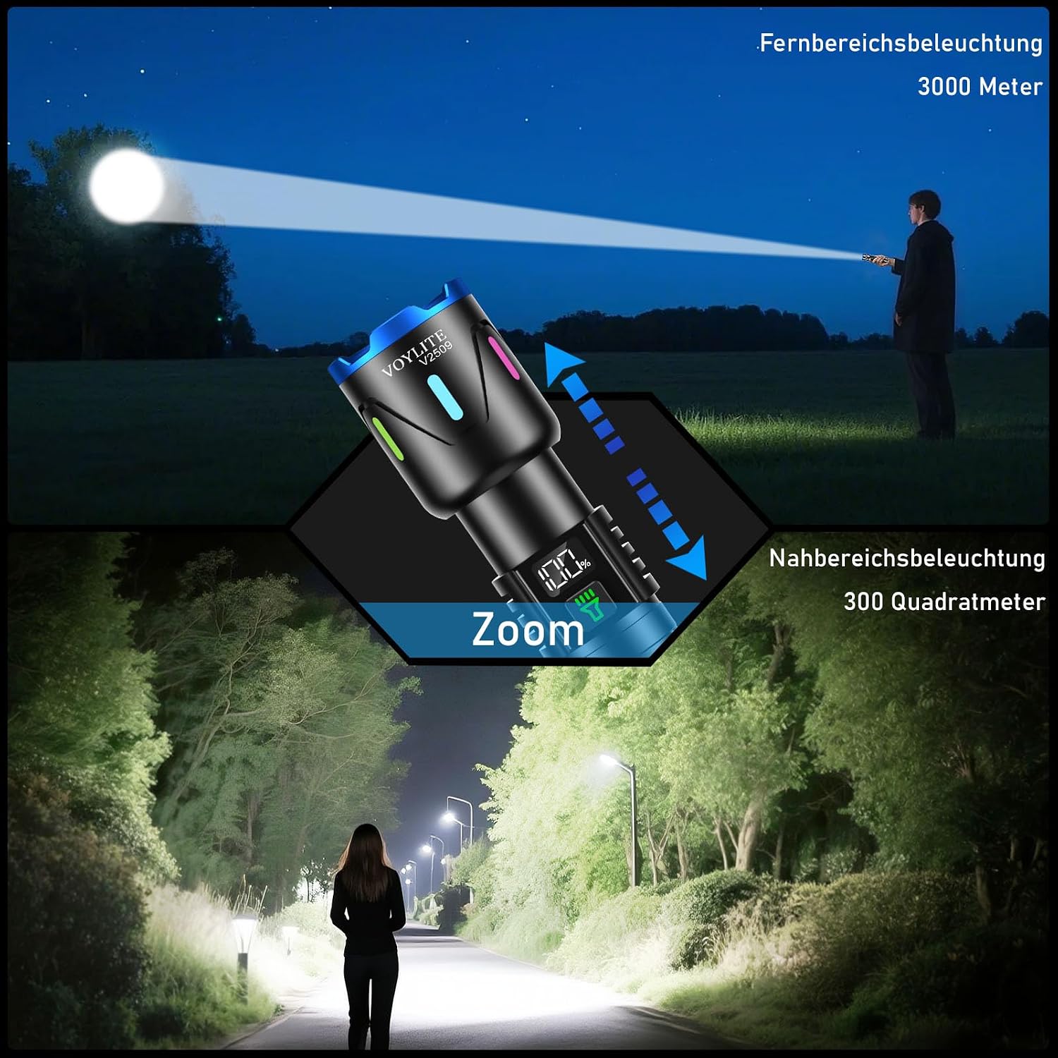 Thumbnail 2 de Voylite Taschenlampe LED Aufladbar 1.000.000 Lumen – Extreme Helligkeit, LCD-Anzeige, 3 Leuchtmodi, Zoom, IPX7