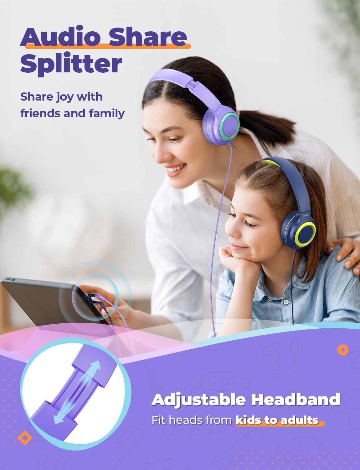 Detalle 2 de iClever 2 Pack Kids Wired Headphones (85dBA volume limit) – foldable, adjustable headband