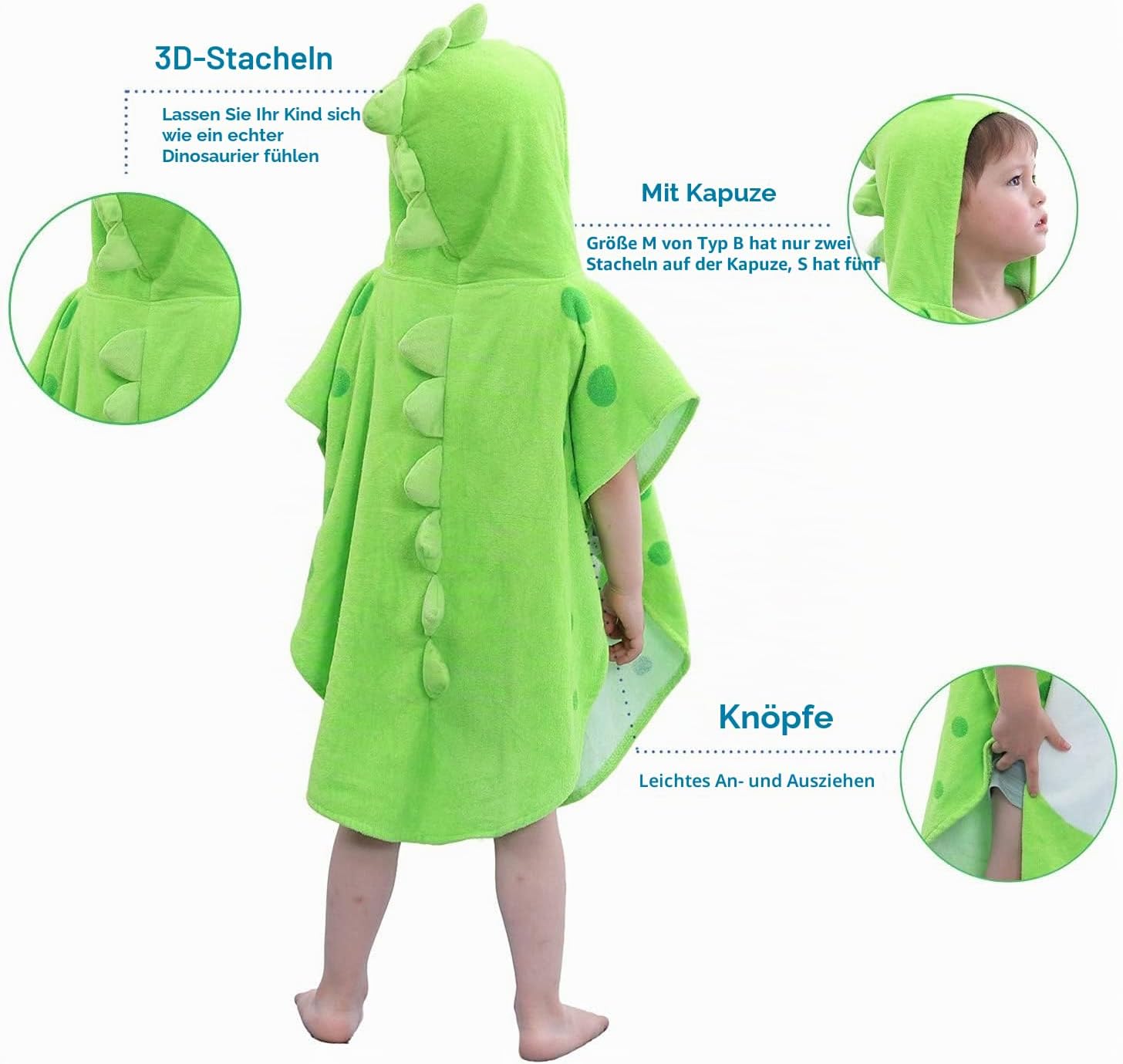 Detalle 2 de LOLANTA Kinder Badeponcho Dinosaurier mit Kapuze, Grün B (5–7 Jahre) – 100% Baumwolle