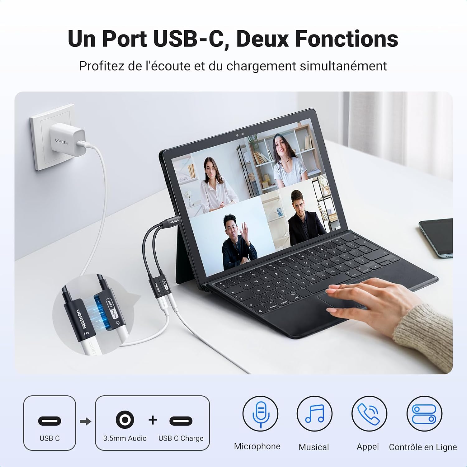 Detalle de UGREEN magnetische USB-C-naar-jackadapter 2-in-1, PD 60 W, 32 bit/384 kHz