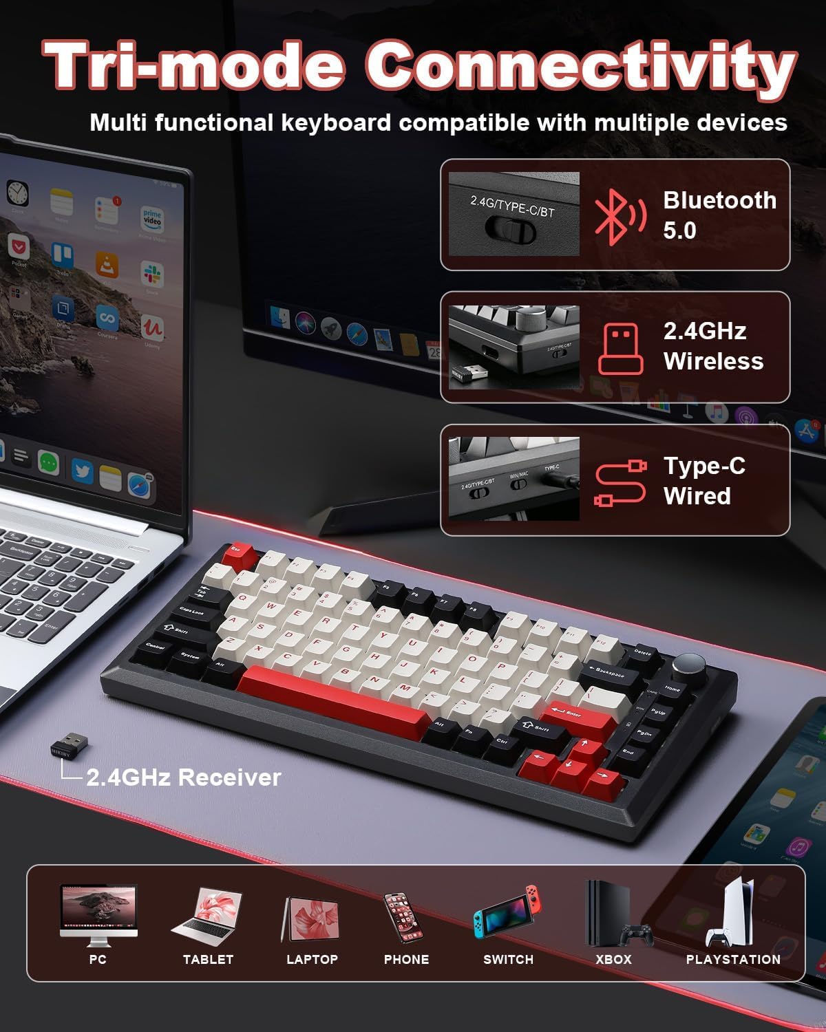 Detalle de MIKIBY Y75 Wireless Mechanical Keyboard: 75%, Hot-Swappable, with Knob, RGB, and Tri-Mode Connectivity