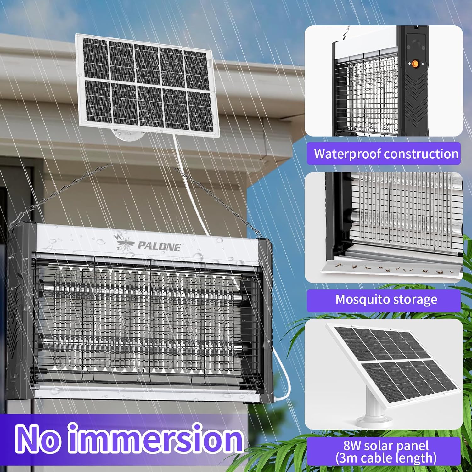 Thumbnail 5 de PALONE Bug Zapper with solar charging and 4000V UV trap (365nm) for indoor fly and mosquito control