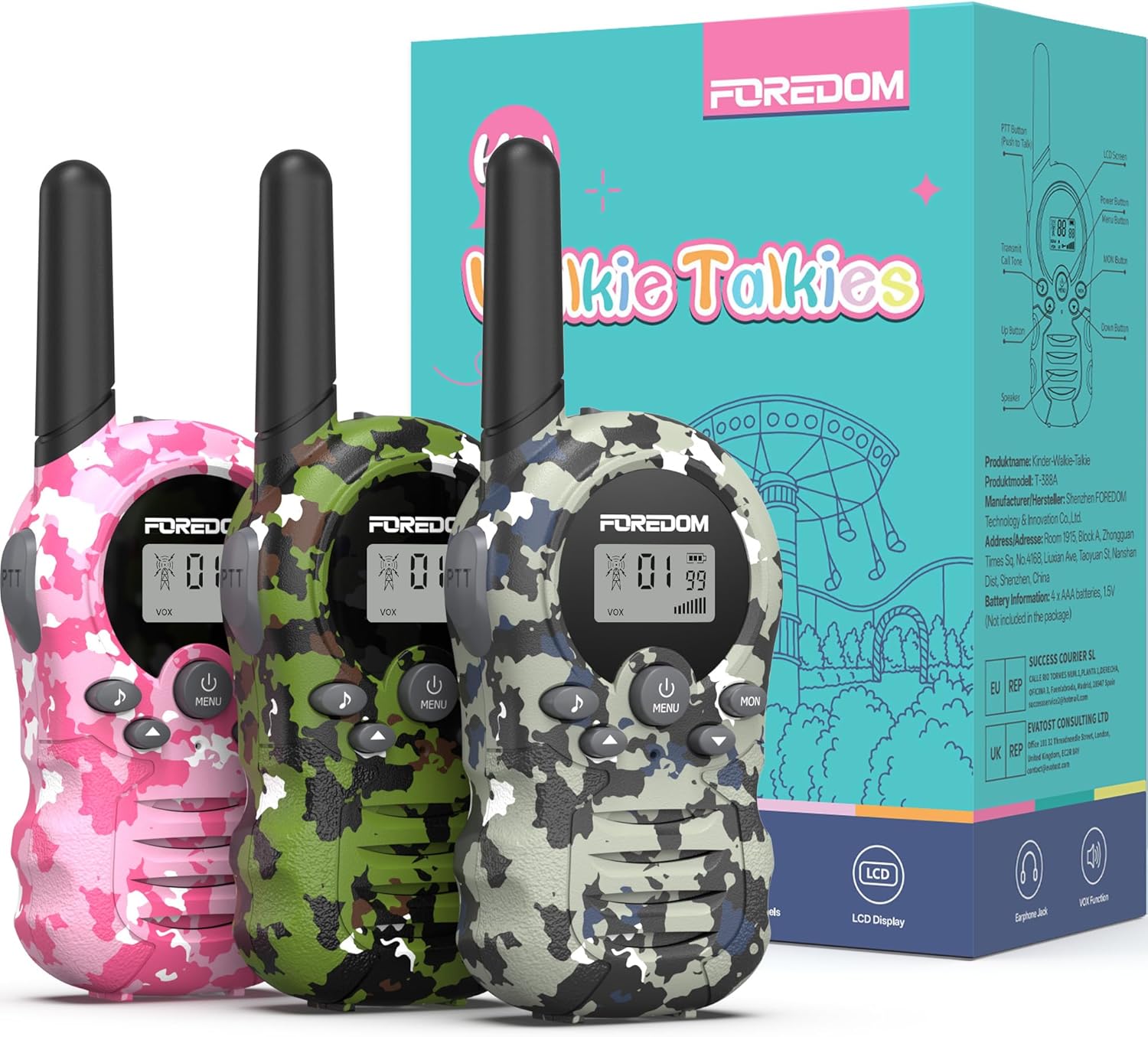 Detalle de FOREDOM Walkie-Talkies für Kinder – 3er-Set (3 bis 12 Jahre) mit 8 Kanälen und bis zu 3 km Reichweite