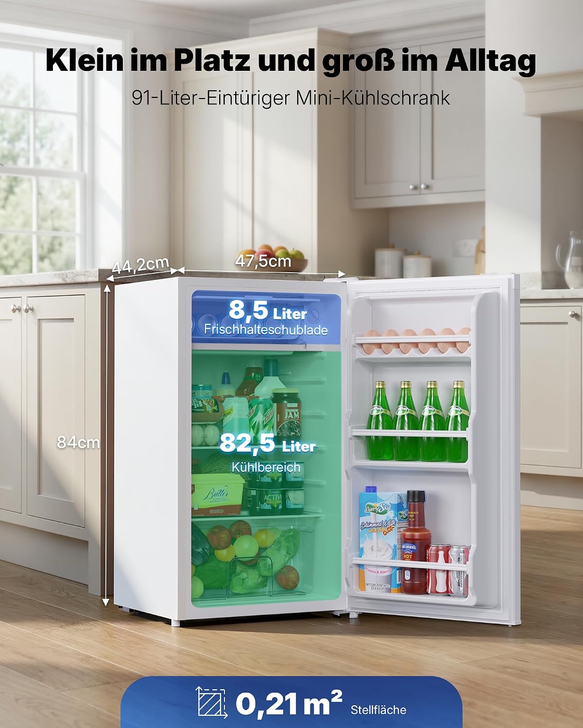 Detalle de Upstreman 91L Kleiner Kühlschrank mit Gefrierfach – kompakt, leise und energieeffizient