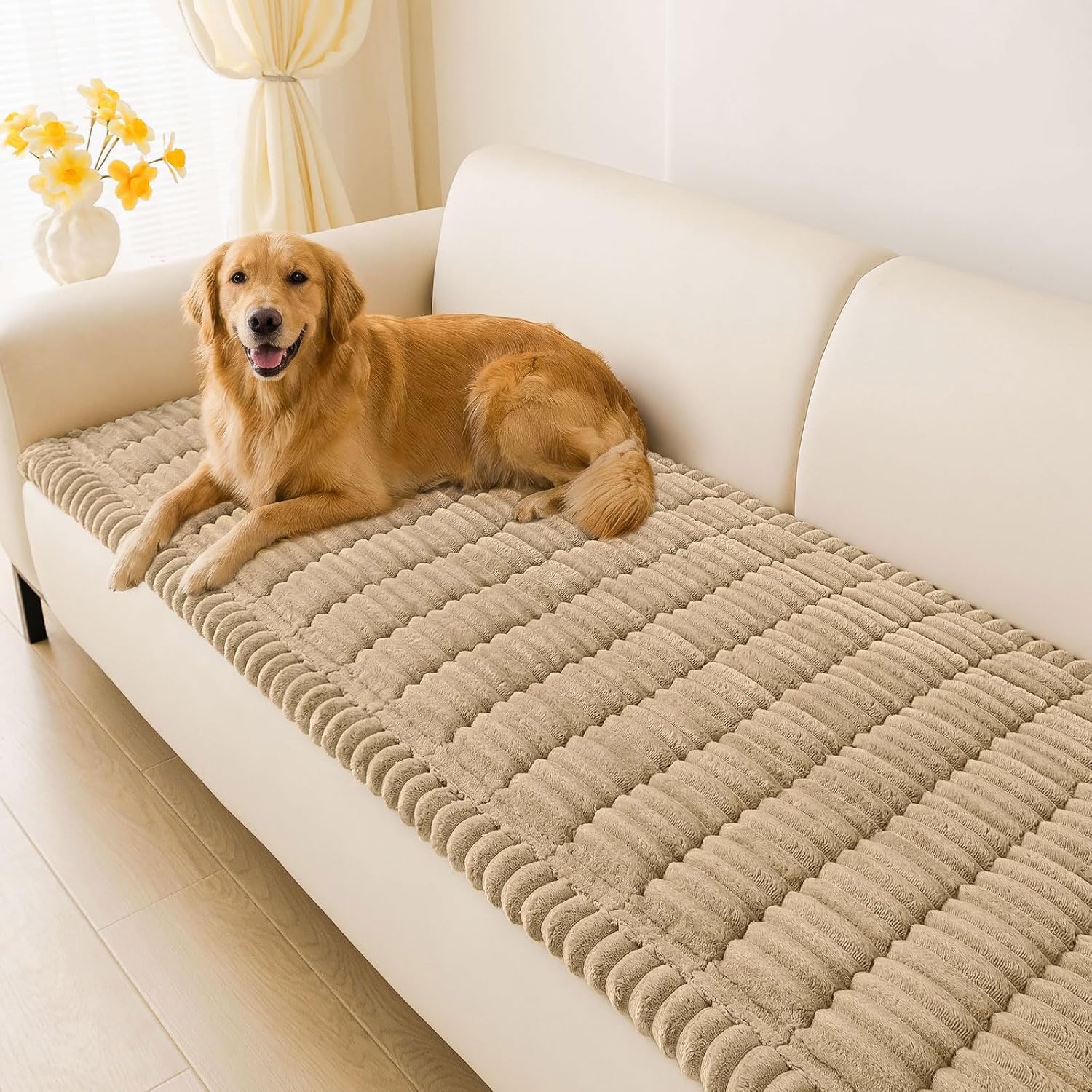 Hyha Washable Non-Slip Plush Couch Covers for Dogs (Khaki, 27.6" x 70.9")