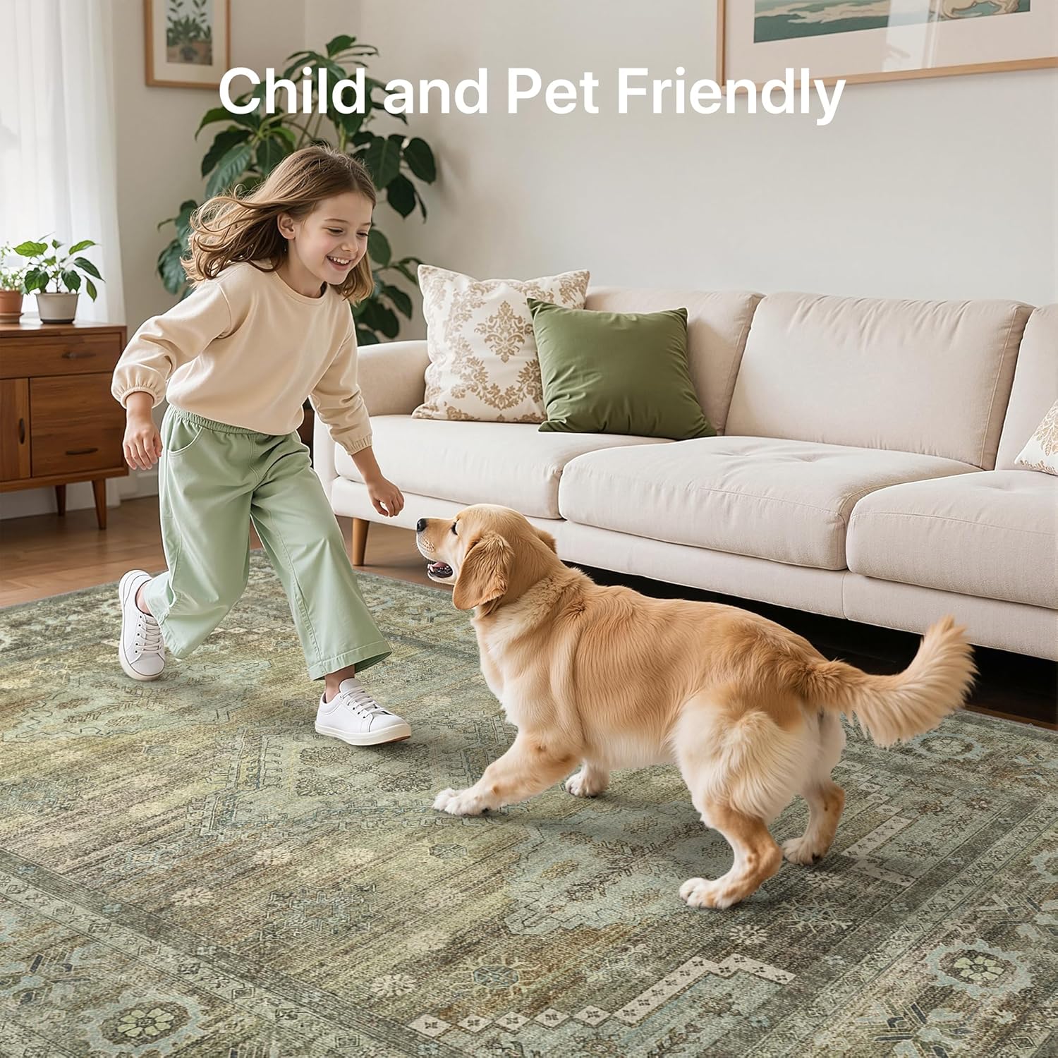 Thumbnail 1 de GENIMO Rugs Living Room 200x290cm: Washable Green Vintage Rug with Non-Slip Backing