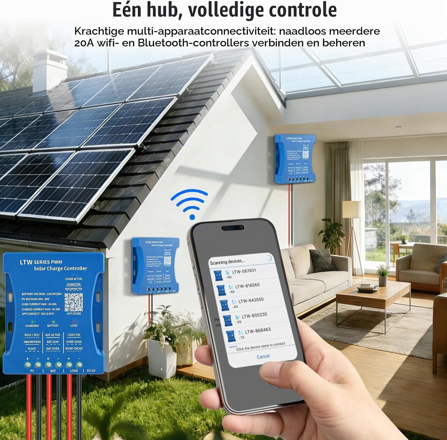 Detalle de KWODE KWO-20A WIFI zonnelaadregelaar 20A met Bluetooth, wifi en PWM