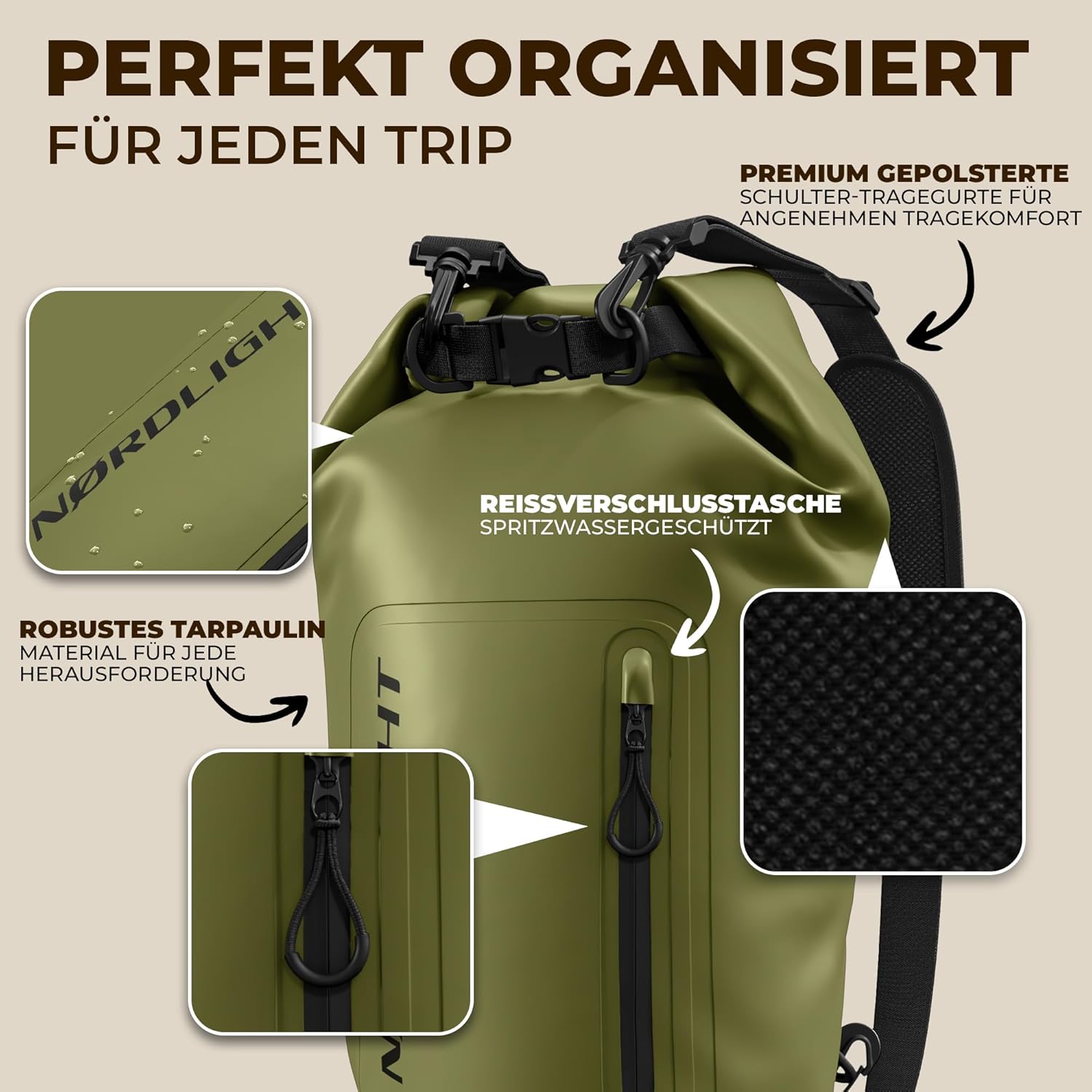 Thumbnail 6 de Nordlight Dry Bag 30 Liter wasserdichte Tasche mit Handyhülle (Roll-Top, Schultergurt) – Olivgrün