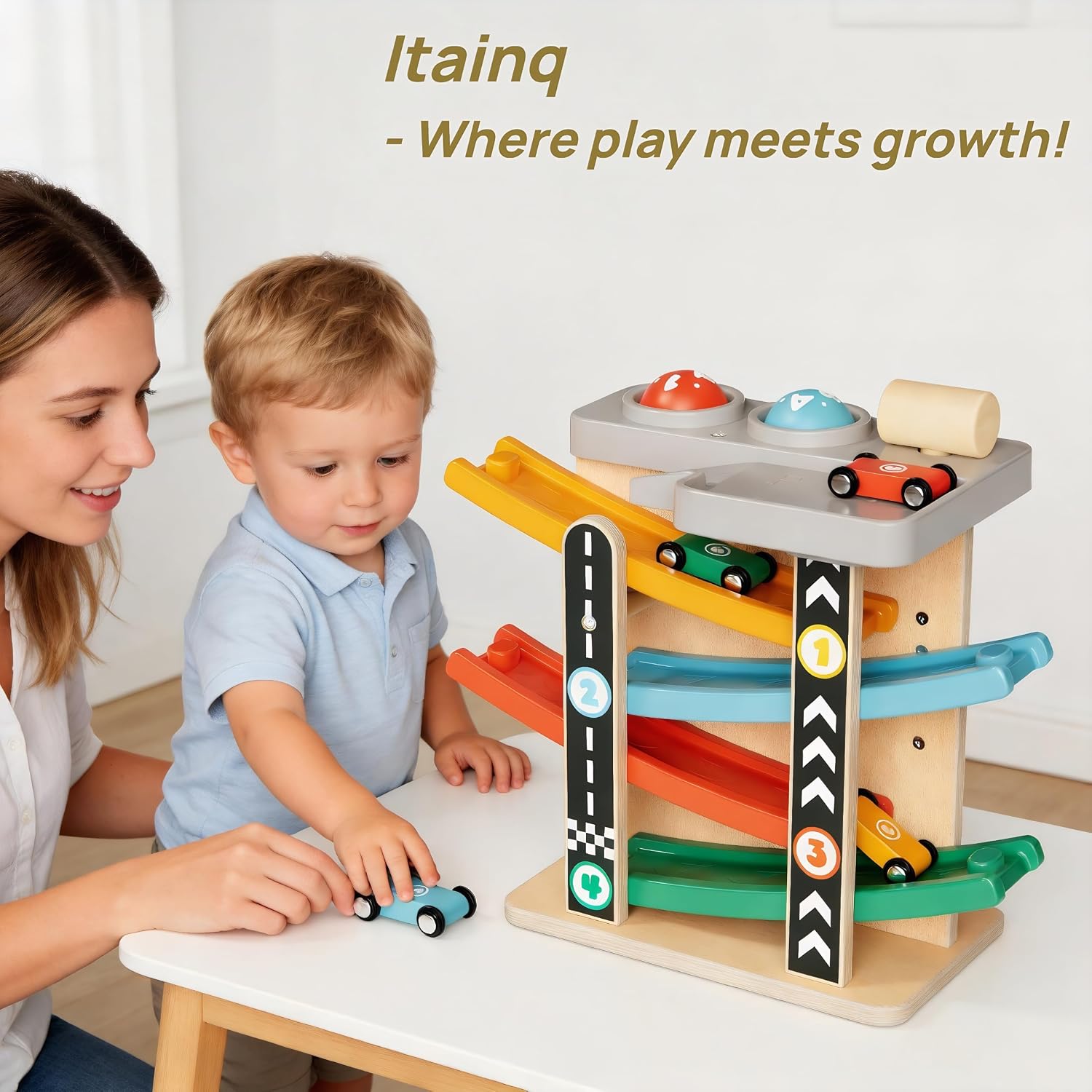 Detalle de Itainq I00002 2-in-1 Wooden Pounding Toy and Car Ramp
