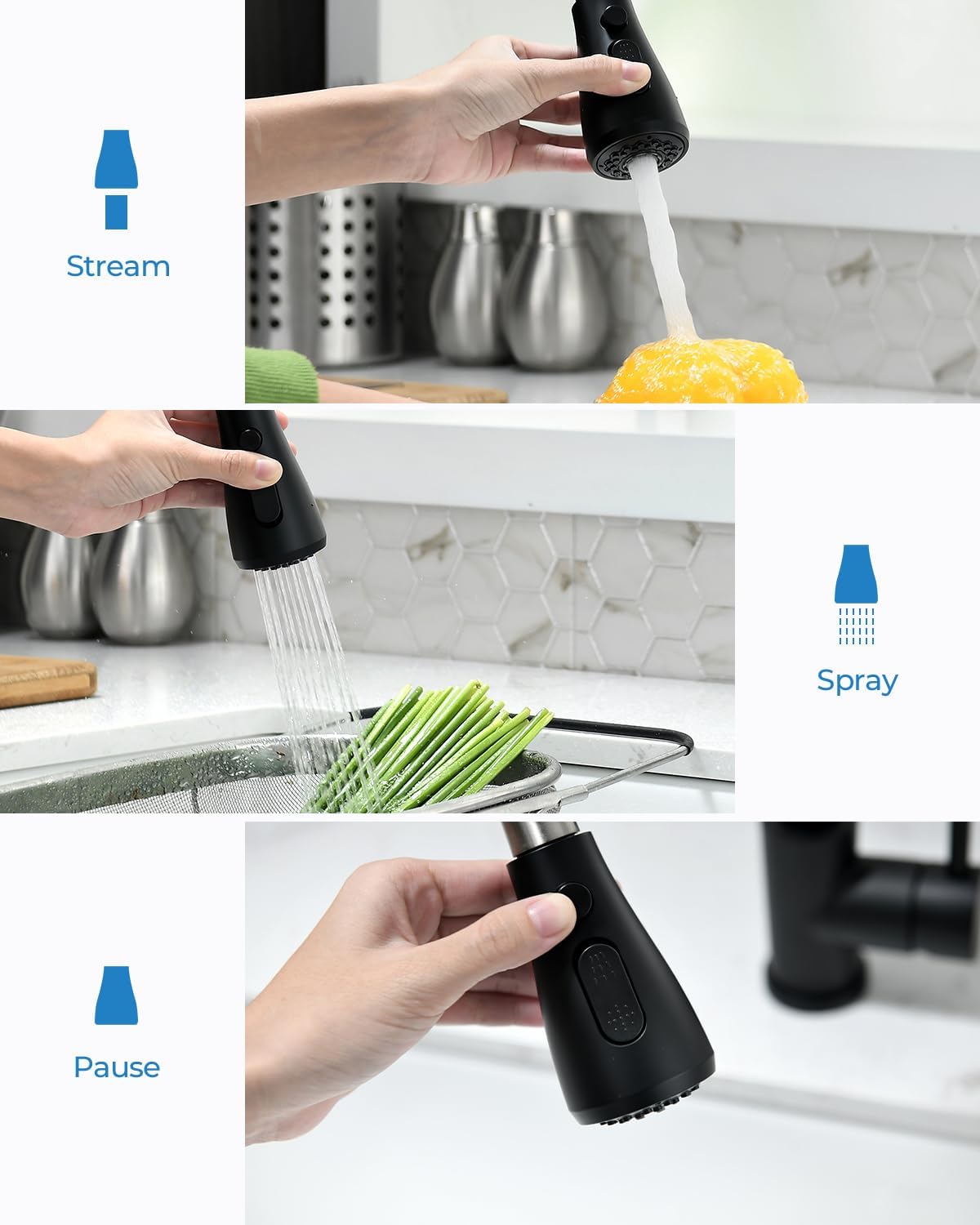 Detalle de VFAUOSIT 06MBV Black Kitchen Faucet with Pull-Down Sprayer, 3 Modes