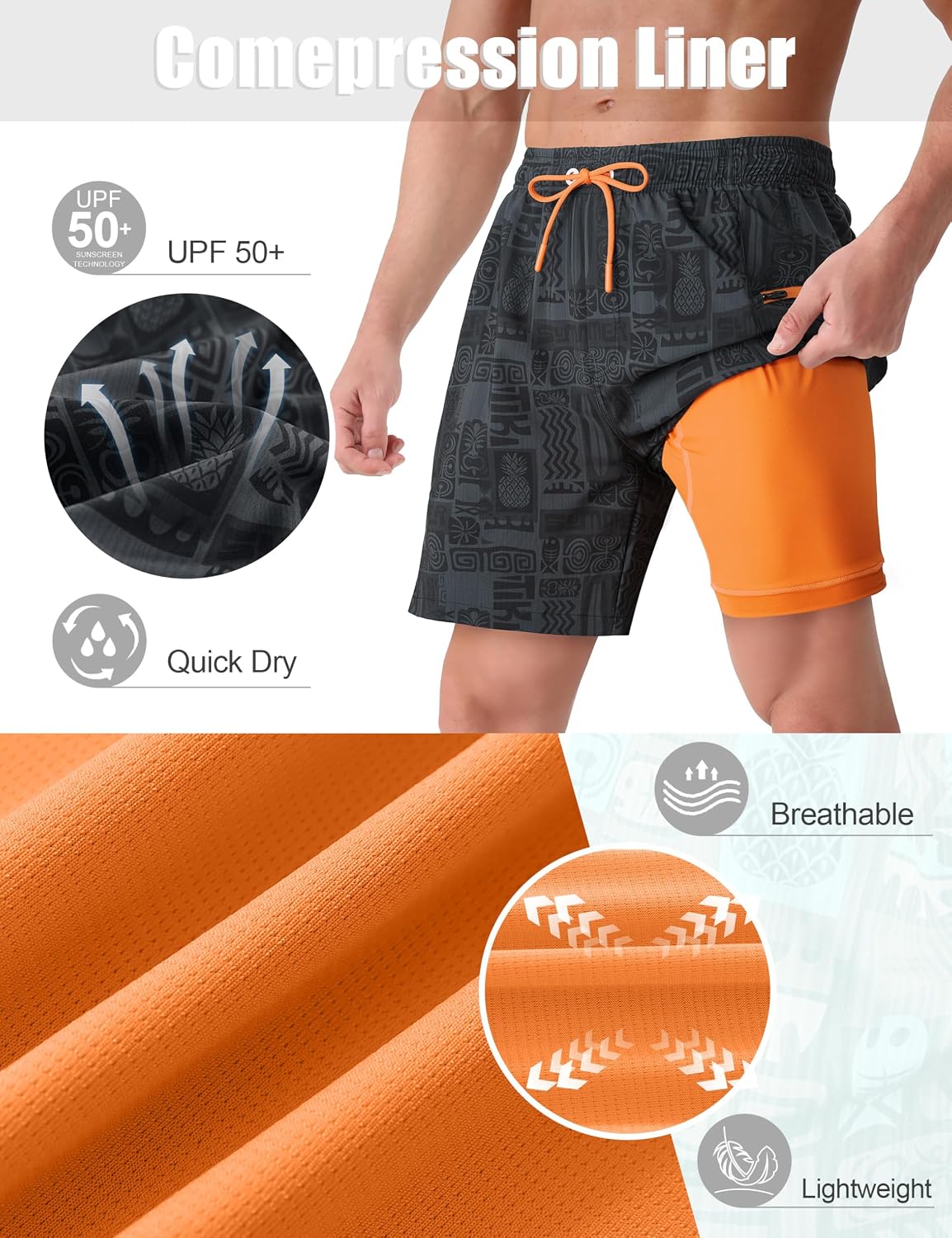 Detalle de APTRO 2-in-1 Men's Swim Trunks, 7-Inch Inseam, Quick-Dry with Zipper Pockets