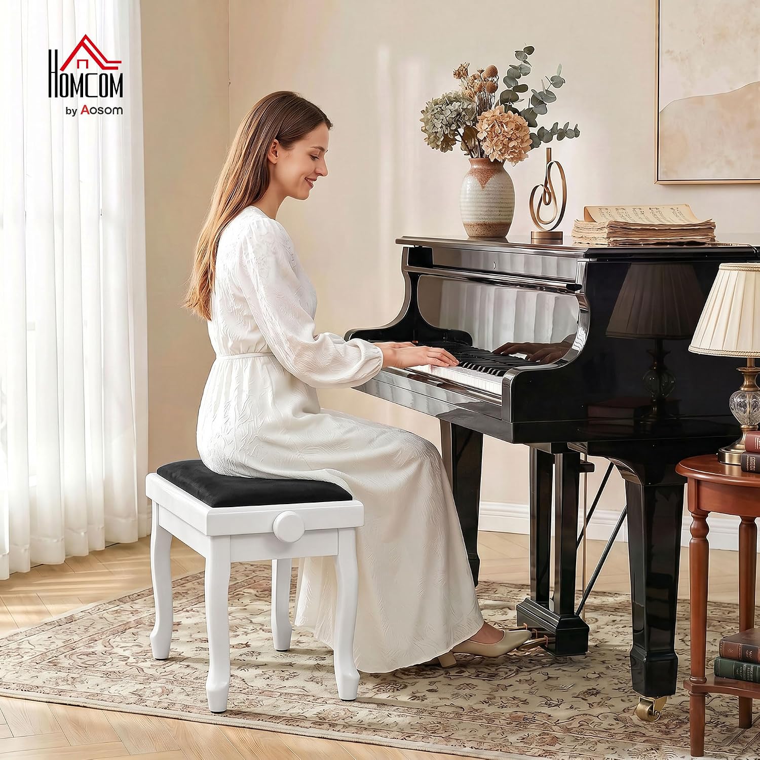 Detalle 2 de HOMCOM F12-022V00WT pianokruk, verstelbaar 45-56 cm, fluwelen zitting