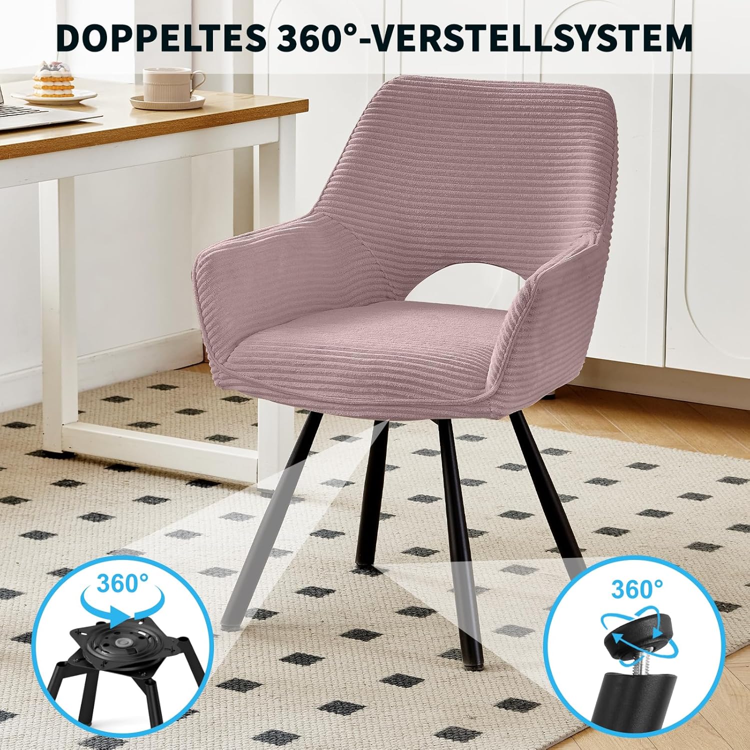 Thumbnail 3 de JIJIAN 2er Set Esszimmerstuhl Drehbar mit Armlehne, Rosa – Komfortabler, 360°-Drehstuhl aus Stoff