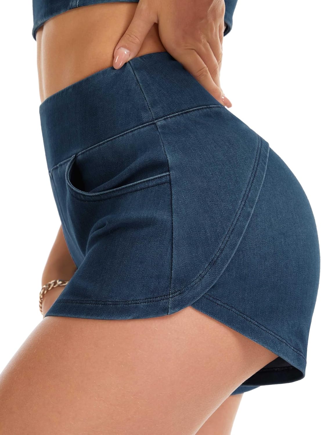 Detalle 2 de THE GYM PEOPLE Women's High-Waist Denim Shorts with Stretch and Side Slits