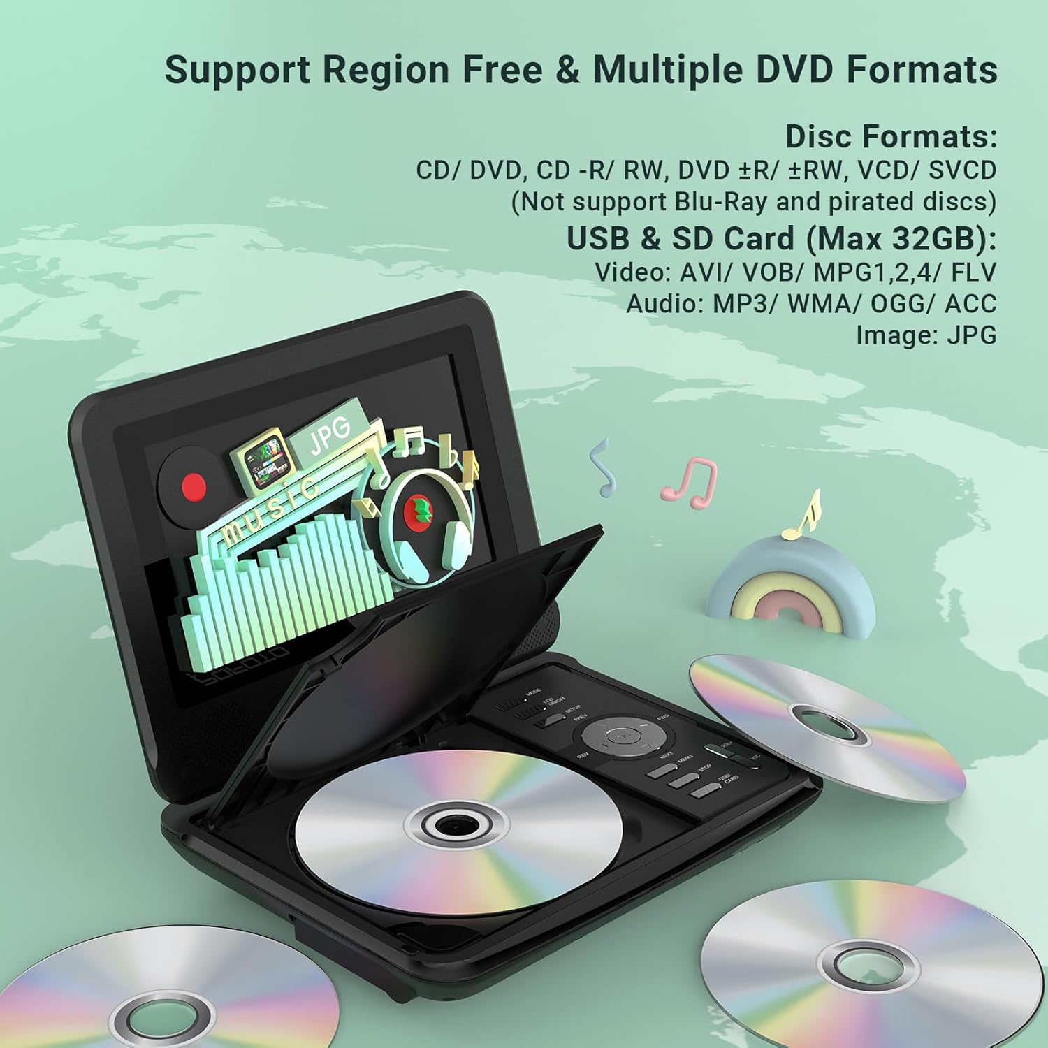 Detalle de POFOTO 9.5" Portable DVD Player for Kids and Car with 7.5" Swivel Screen