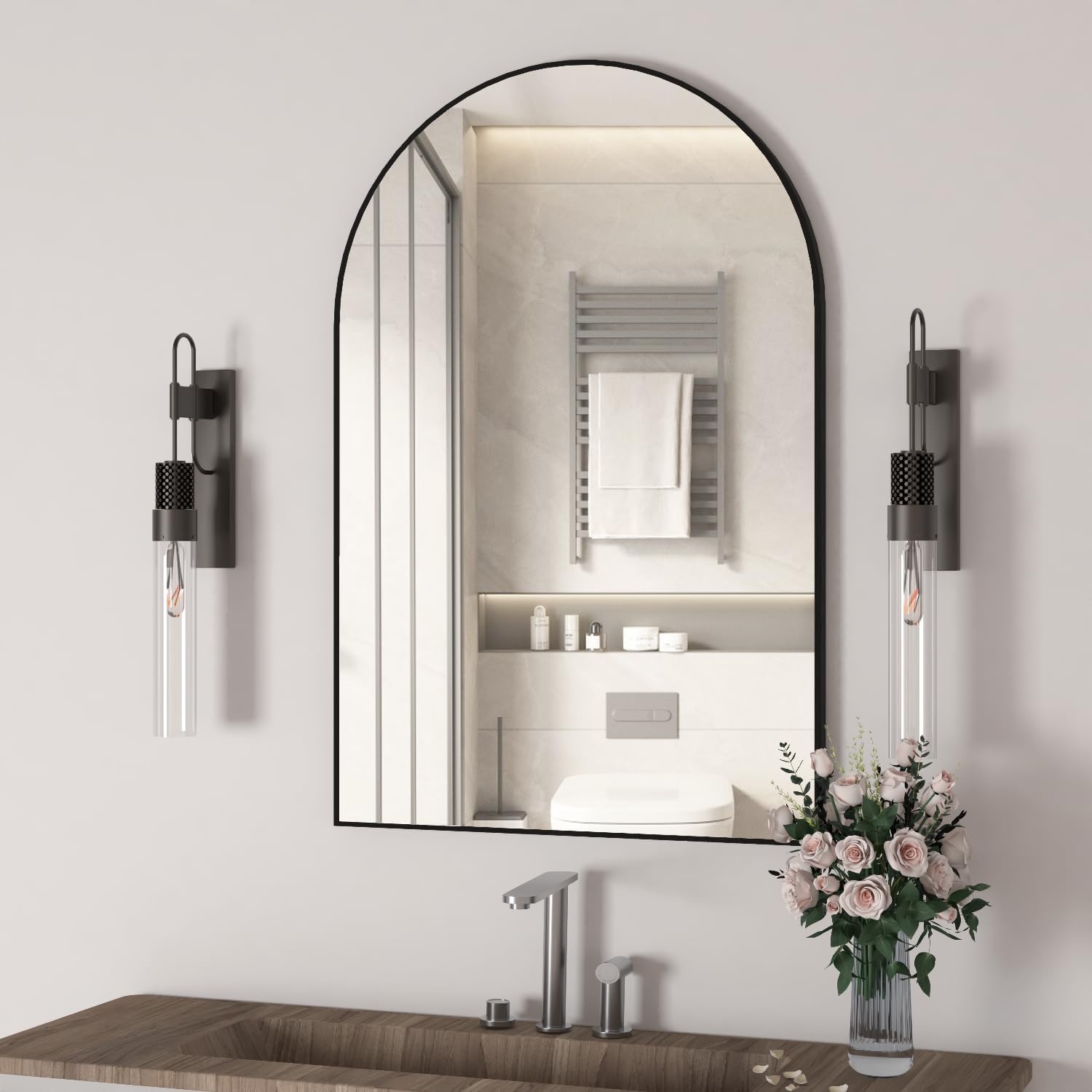 Detalle 2 de NEUWEABY Miroir mural arqué noir 50 x 75 cm avec cadre métallique