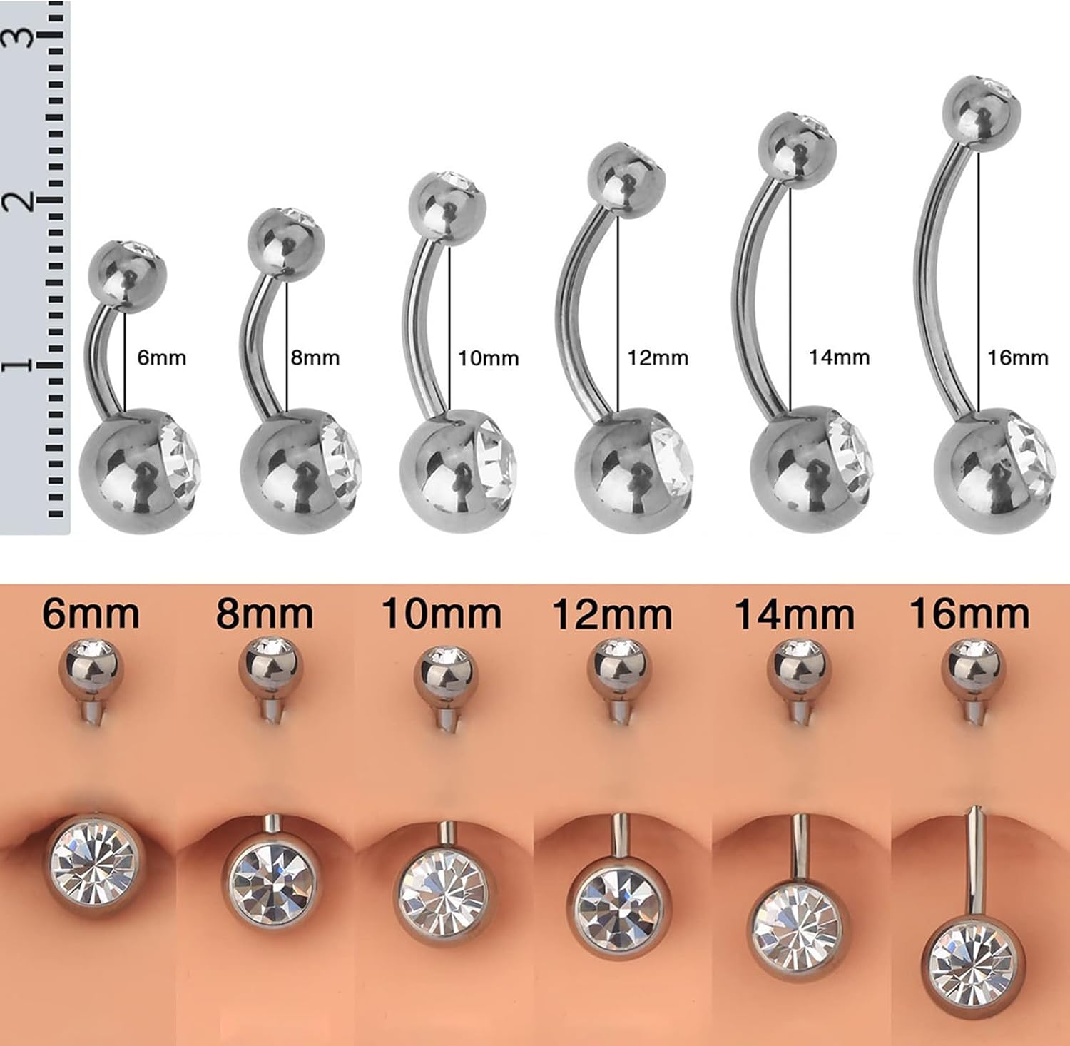 Detalle de AceFun Titanium Belly Bar - 10mm Silver Navel Bar with Cubic Zirconia