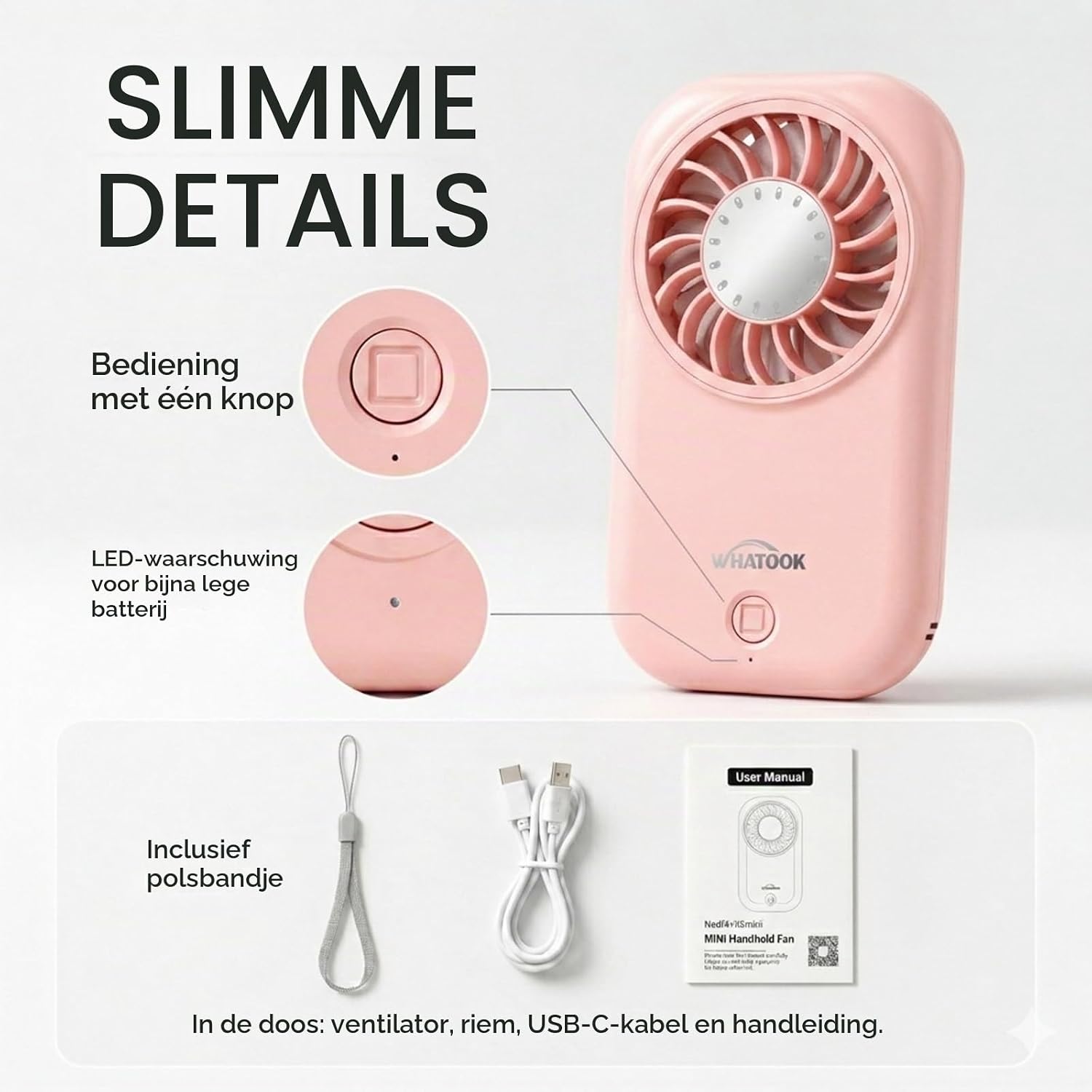 Detalle de WHATOOK X30 mini-handventilator, 5 snelheden, USB-C, 56 g, roze