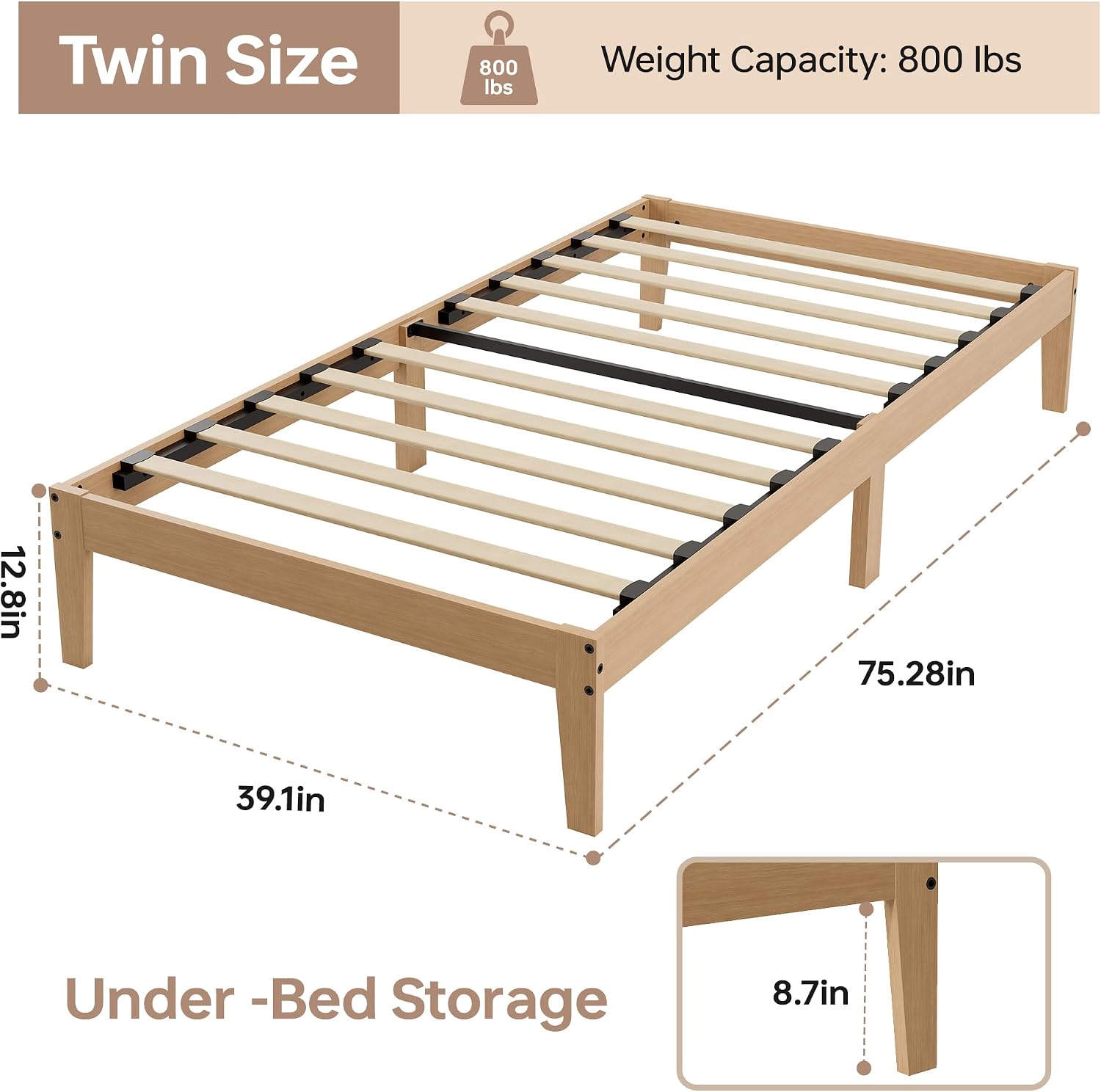 Detalle 2 de Tyndall TYL-V20903 Twin Platform Bed, 12-Inch Solid Rubberwood, Natural Finish