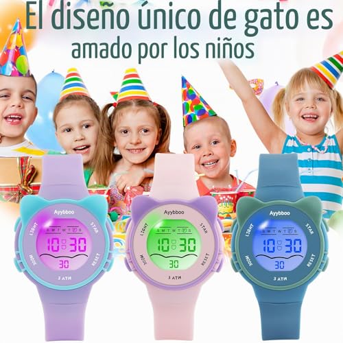 Detalle de Ayybboo Reloj Infantil Digital con 7 LEDs: reloj deportivo, impermeable 3 ATM y funciones completas