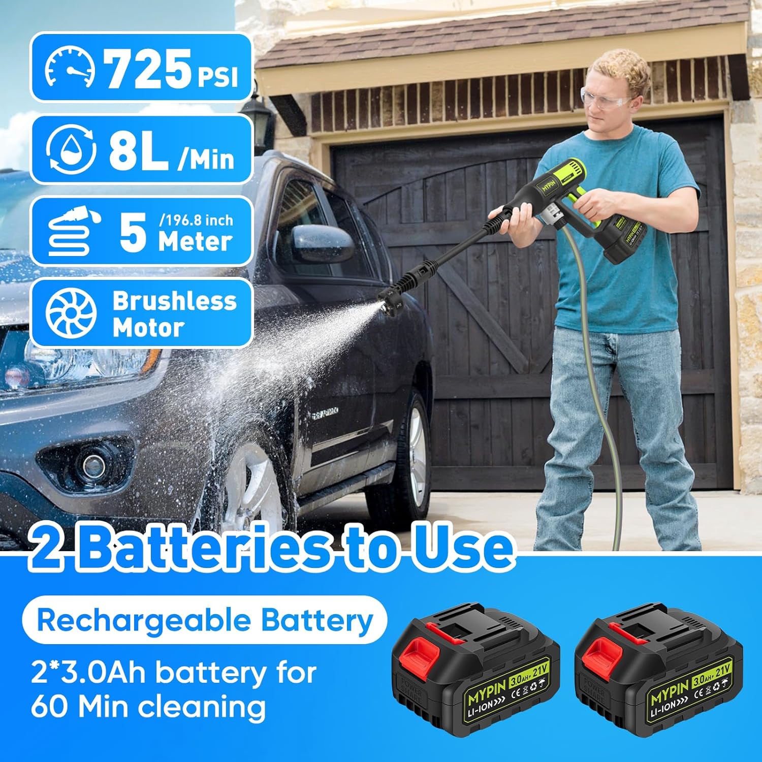 Thumbnail 4 de Idropulitrice a Batteria MYPIN 725 PSI con Display LCD e 2 Batterie – Versatile per auto, patio e recinzioni