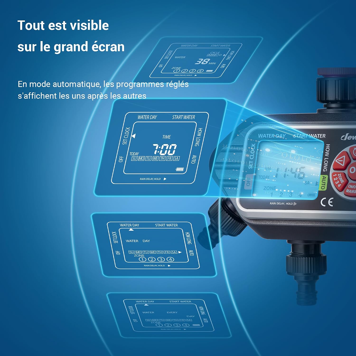Detalle de DEWENWILS Programmateur Arrosage 4 Voies – 4 programmes indépendants par zone (IP54)