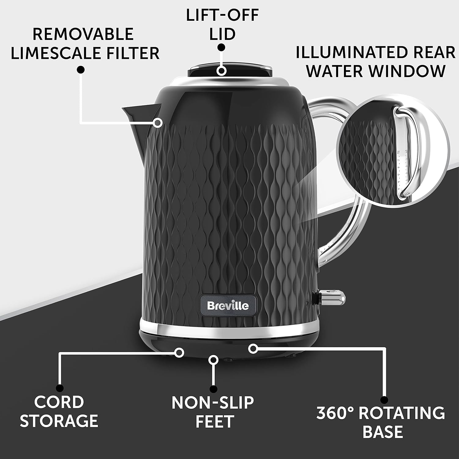 Thumbnail 3 de Breville Curve Electric Kettle VKT017 (1.7 L, 3kW fast boil) in Black & Chrome