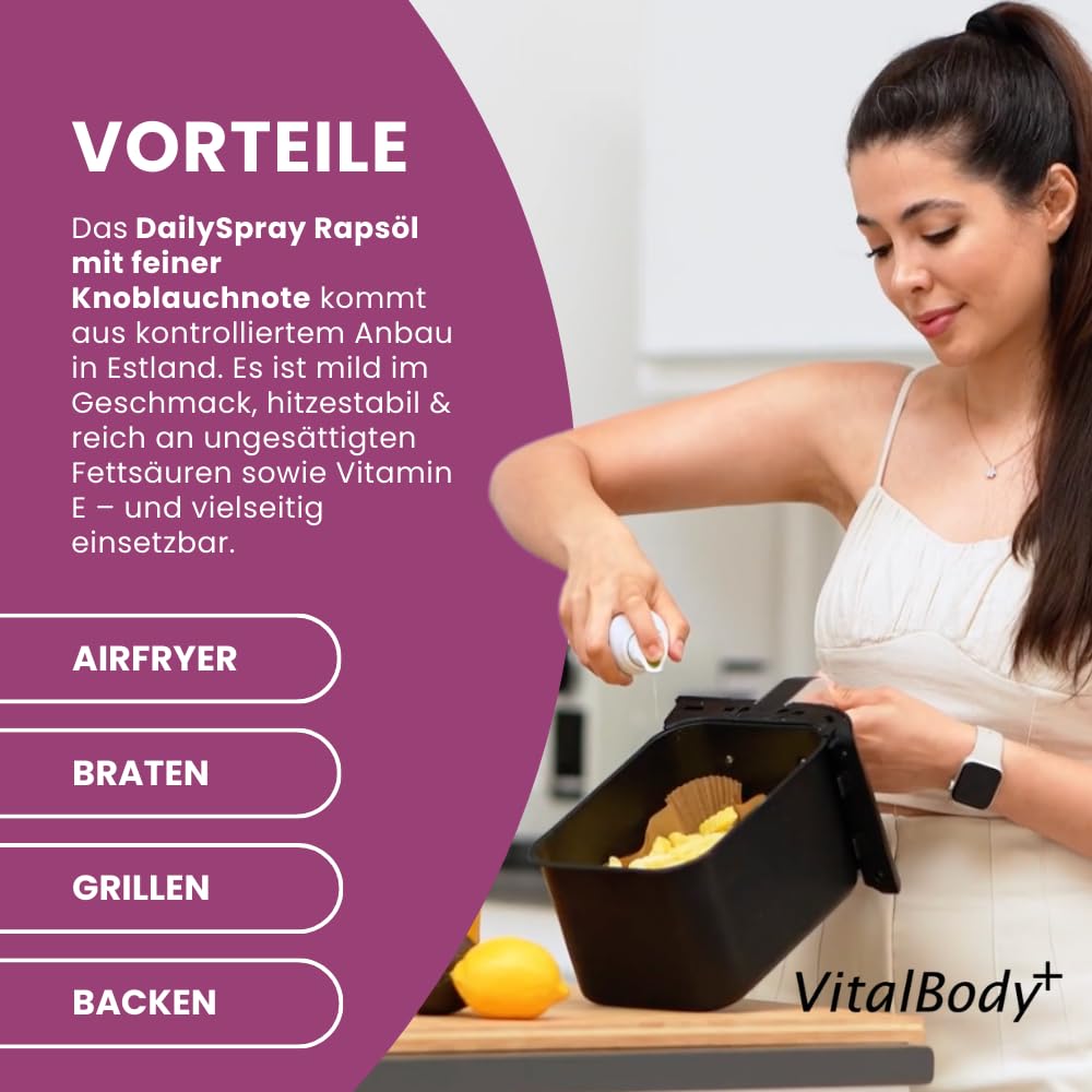 Detalle de VitalBody+ DailySpray Rapsöl mit Knoblauchgeschmack – Kalorienarm & antihaftend, 800 Portionen