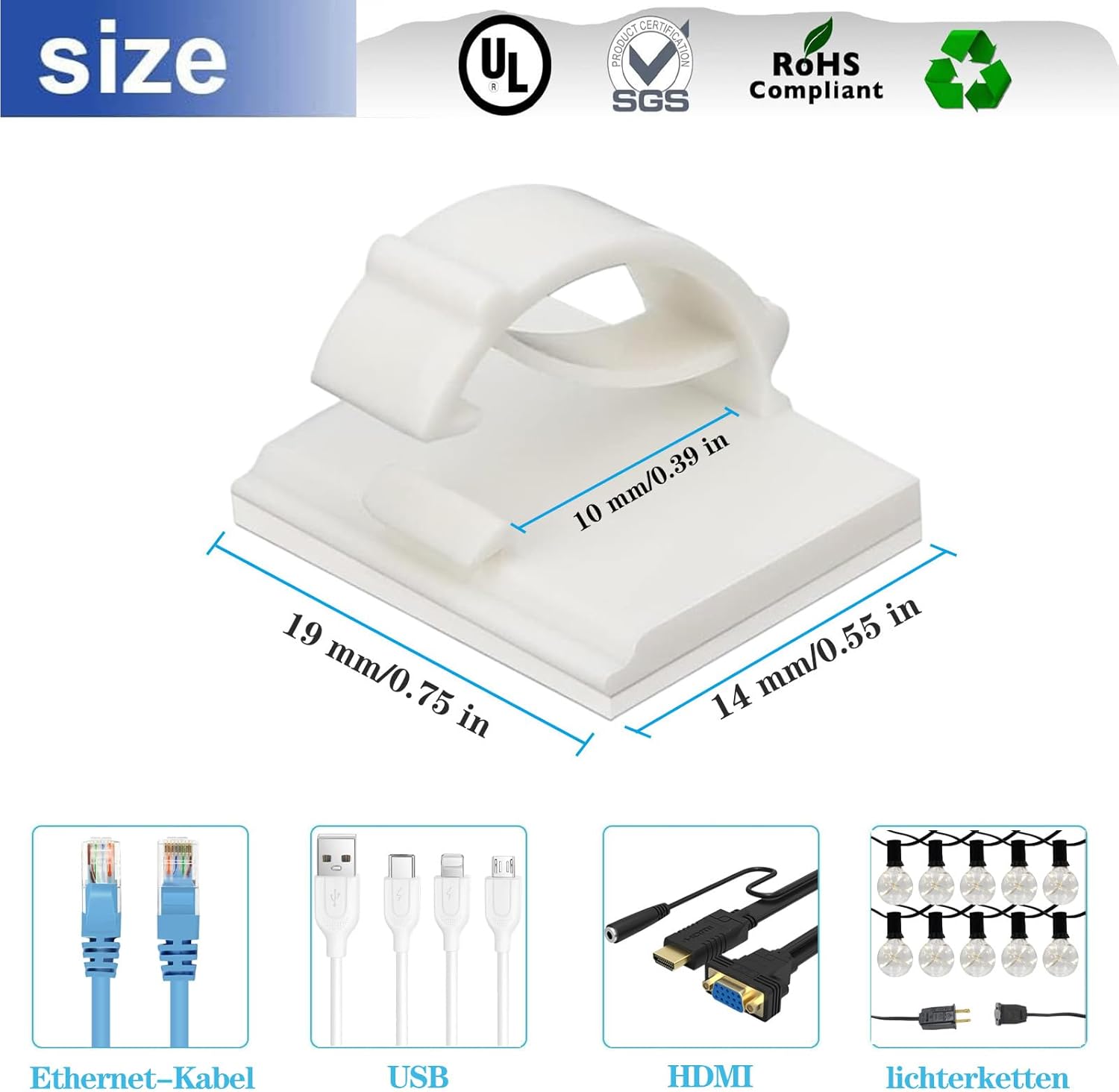 Detalle de KLJ Attache Cable Adhesif 100Pcs Blanc Petit Format – Fixation sans perçage pour câbles 0–5 mm