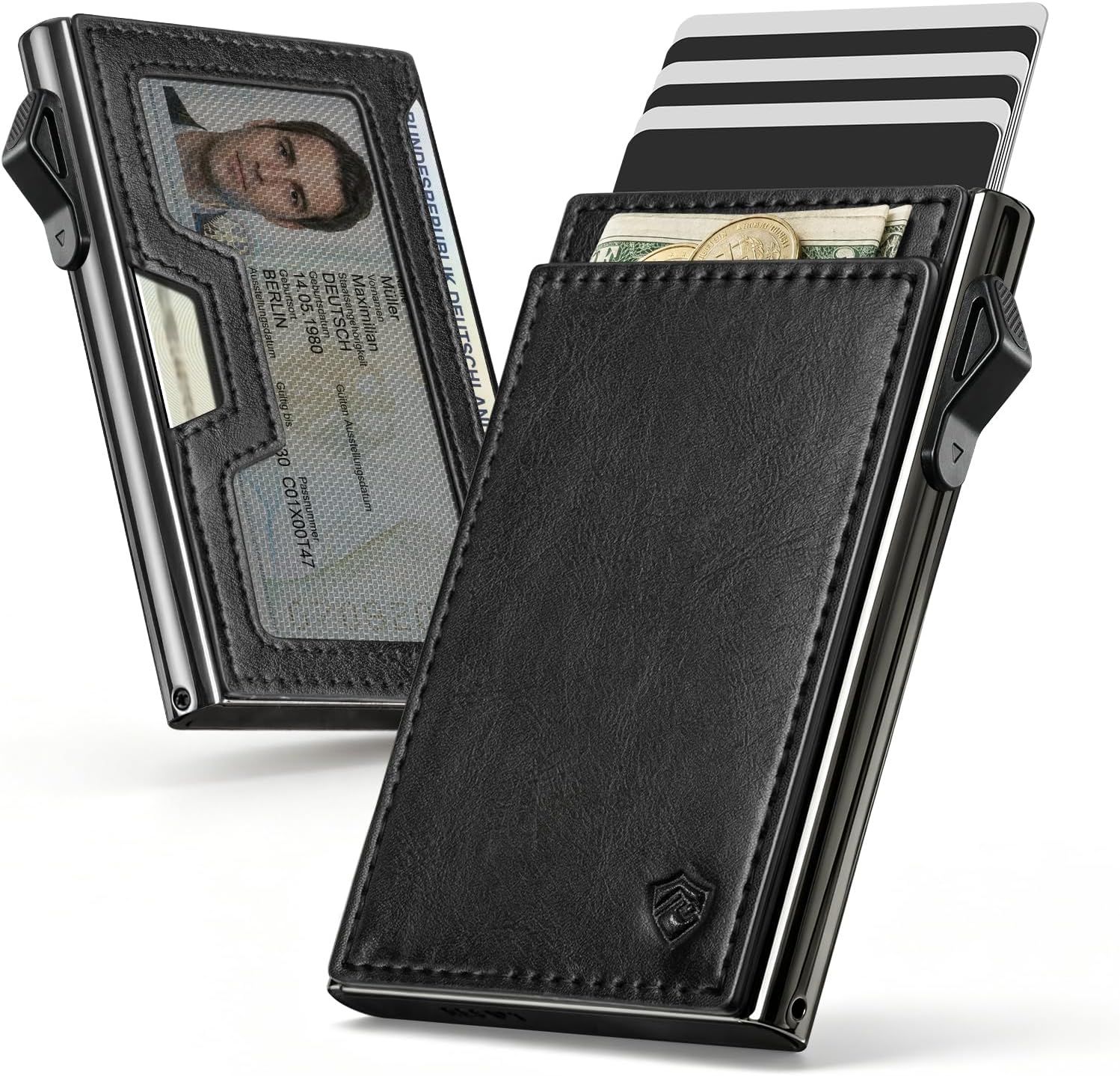 YESIIW Minimalistisches Kartenetui mit RFID-Schutz – Pop-up Wallet aus Aluminium & Leder, Slim Wallet für Herren
