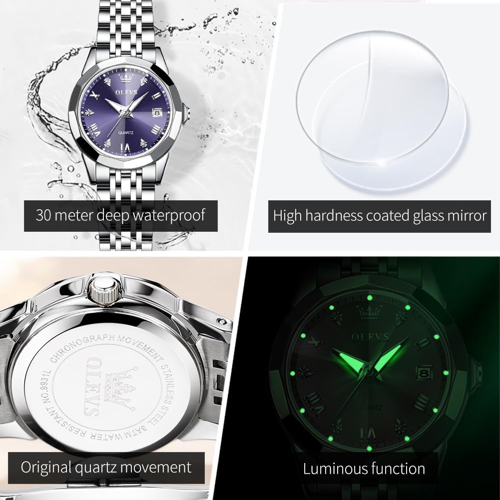 Thumbnail 5 de OLEVS Damen Uhr Quarzuhr mit Diamant Edelstahlarmband – Datumsanzeige, 30 m Wasserdicht