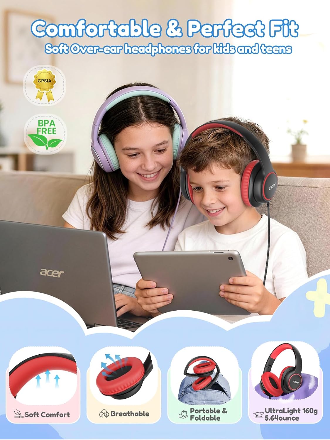 Detalle 2 de Acer Kids Headphones Wired for School (OHW328) – Over-Ear, Safe Volume, 3.5mm, Foldable