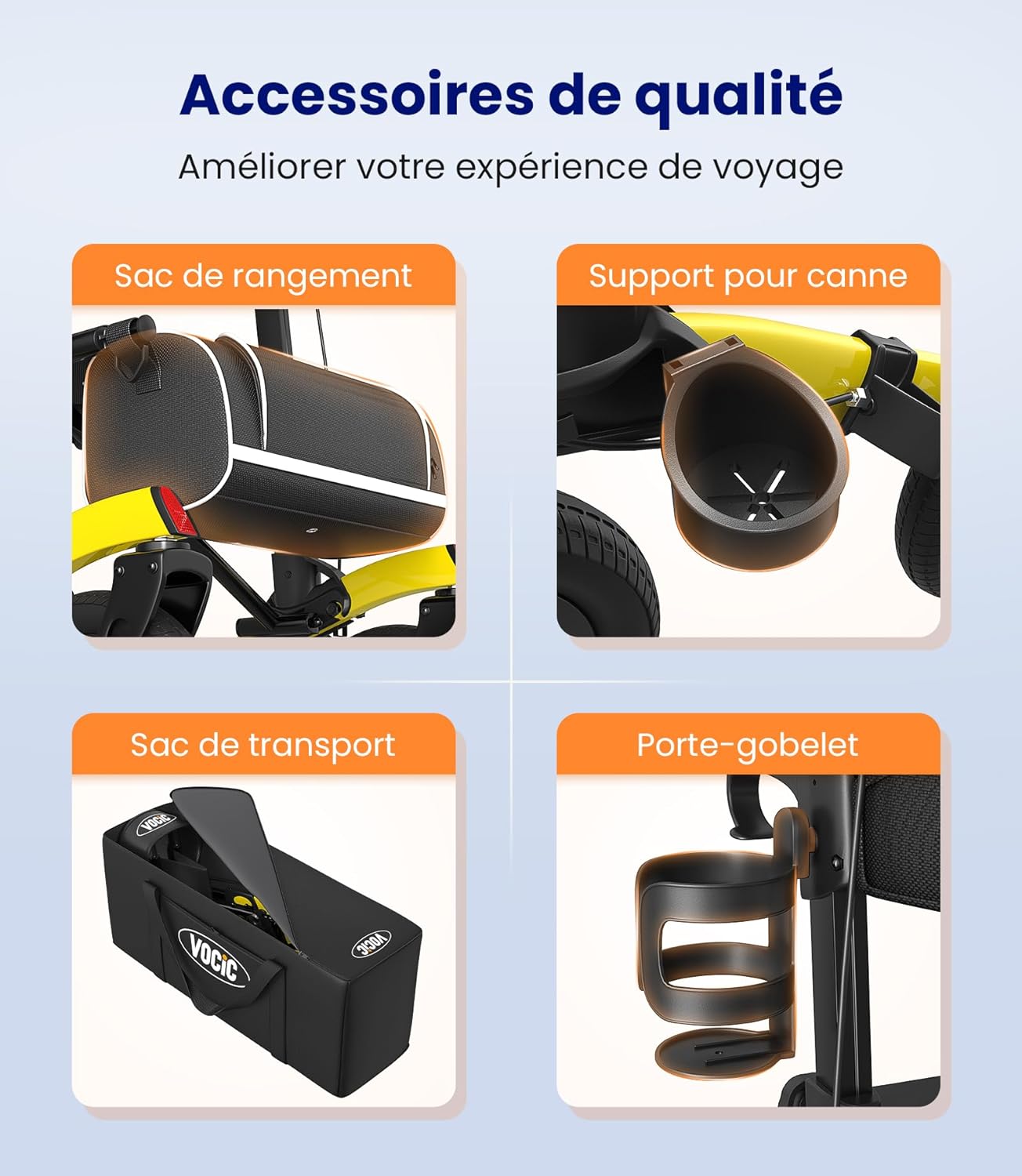 Detalle de VOCIC Déambulateur 4 roues pliable léger avec siège et panier – aluminium ajustable, jaune