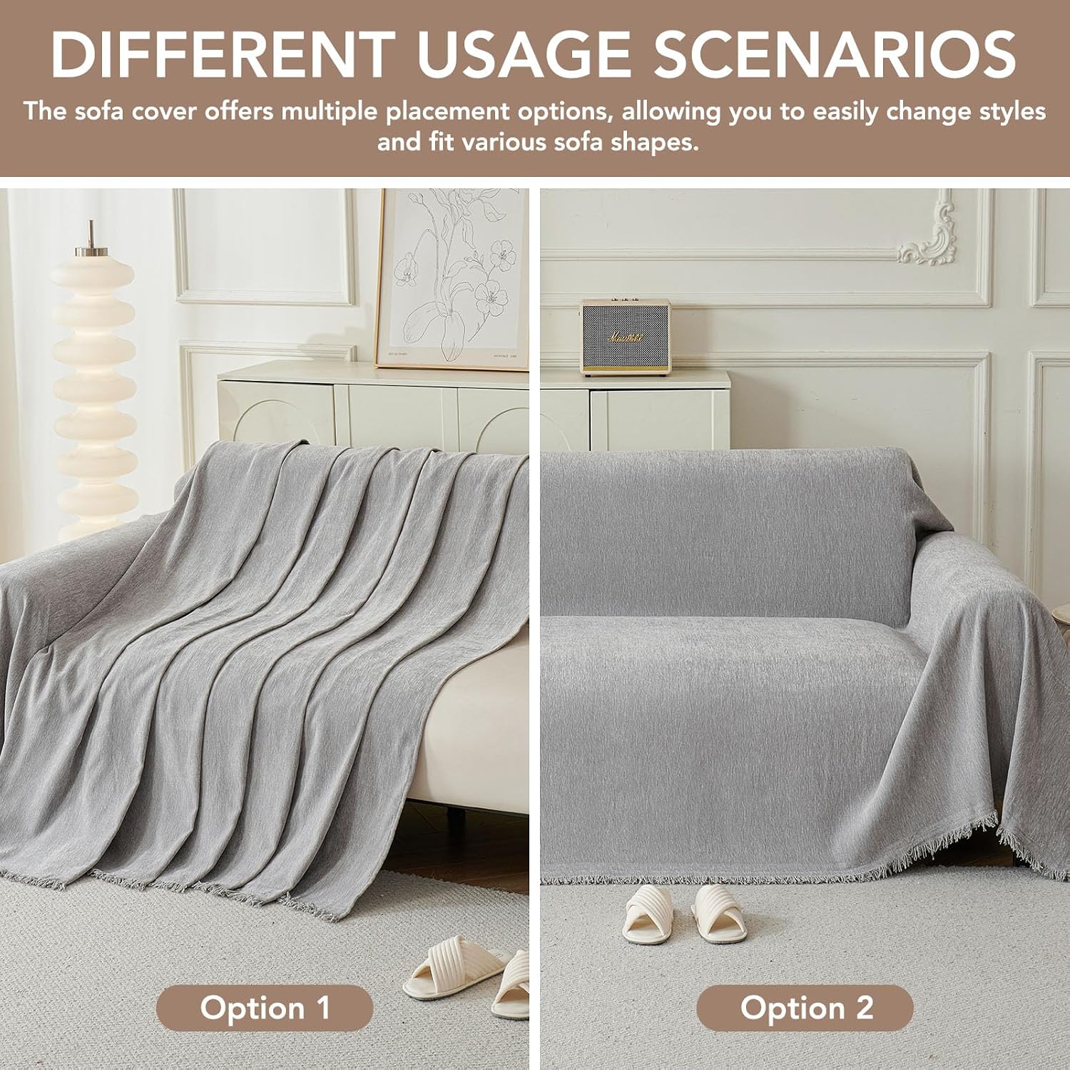 Detalle 2 de KaviKon ss71118G Chenille Sofa Cover, 71 x 118 in, Grey with Tassels