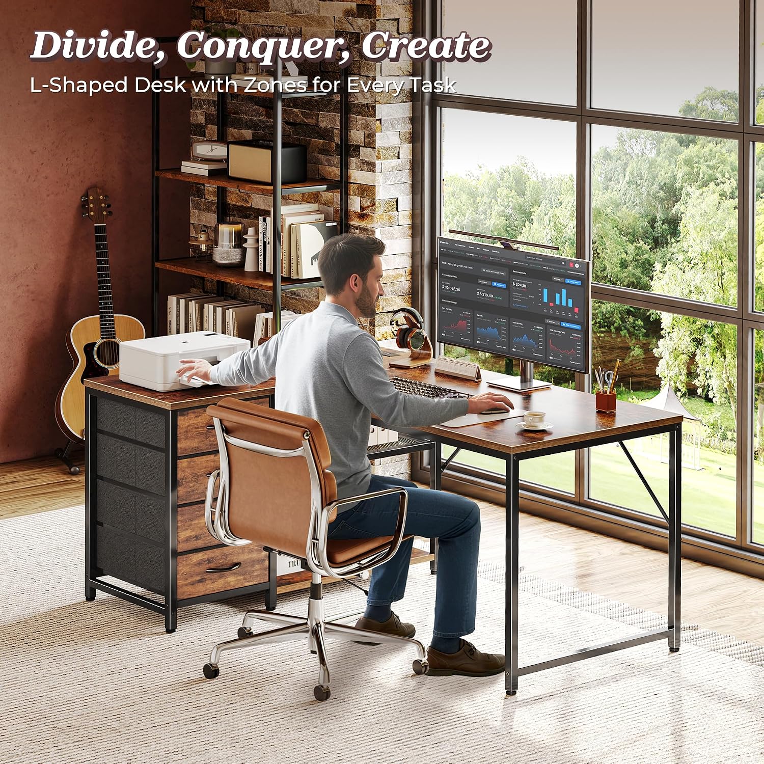 Detalle de PRAISUN 43.3-Inch Reversible L-Shaped Desk with Power Outlets and 4 Drawers