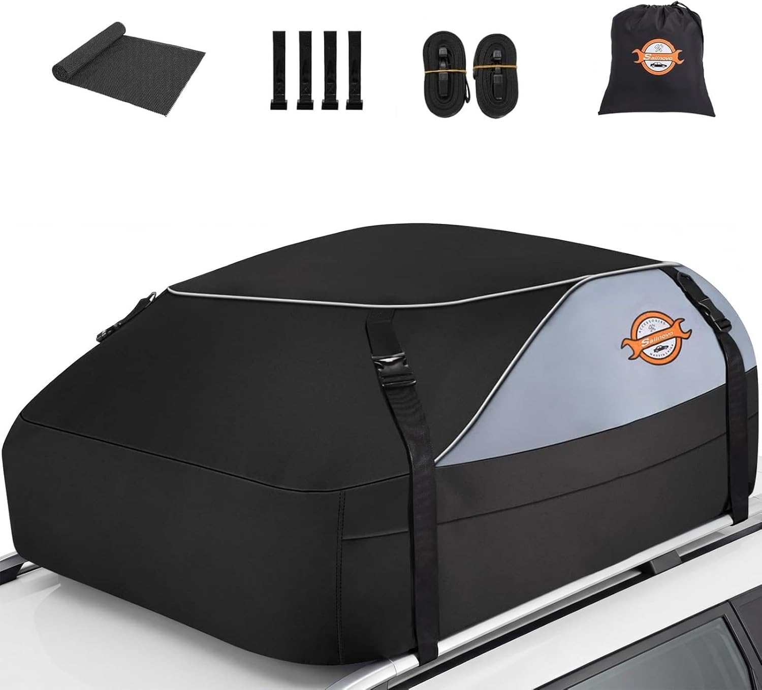 Detalle de Sailnovo Borsa da Tetto Auto Impermeabile 425L: Box pieghevole 1000D con 6 cinghie rinforzate per viaggi e bagagli