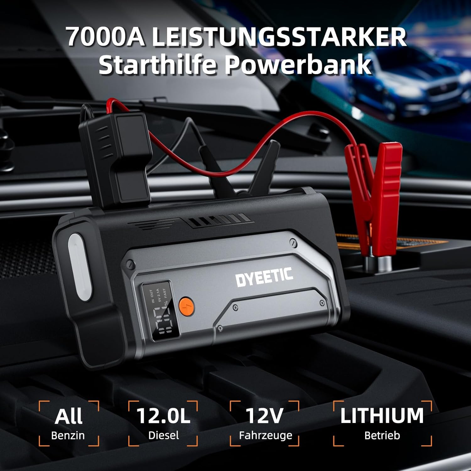 Detalle de DYEETIC D16 Starthilfe Powerbank – 7000A Backup für 12V Fahrzeuge