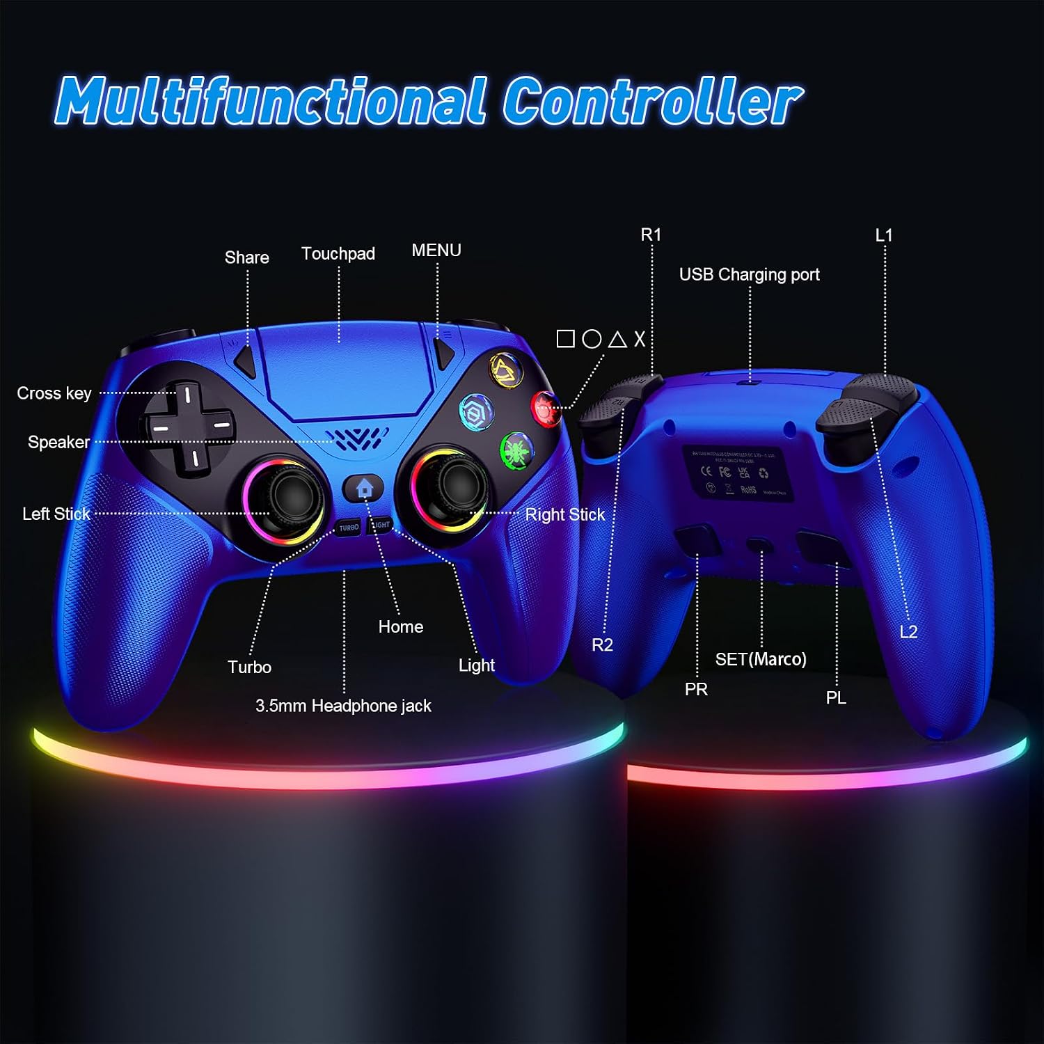Thumbnail 2 de Dinosoo RGB Wireless Controller for PS5/Pro/Slim/PC — Metallic Blue with Back Paddles and Touchpad
