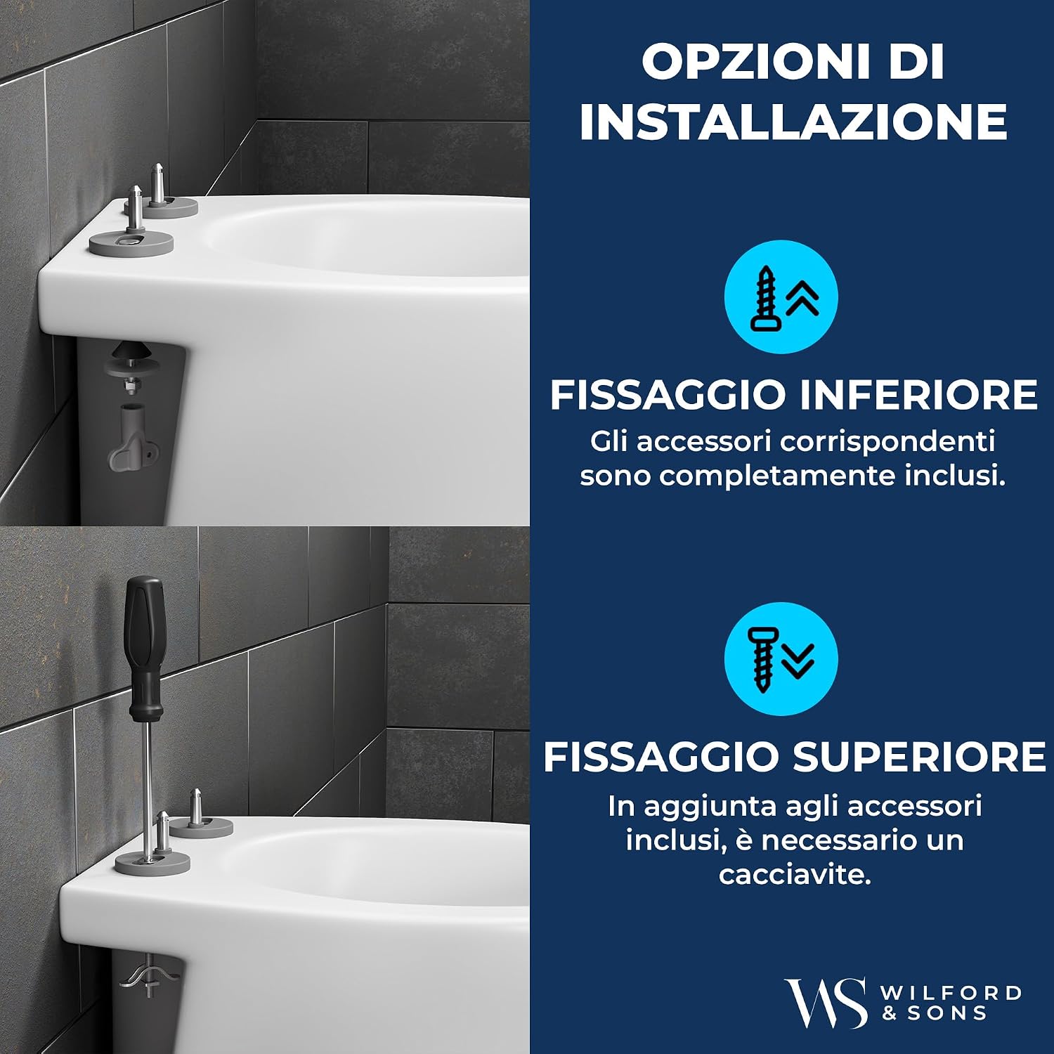 Detalle de Wilford & Sons PREMIUM Copriwater: sedile WC con chiusura ammortizzata in forma O, bianco, alta qualità