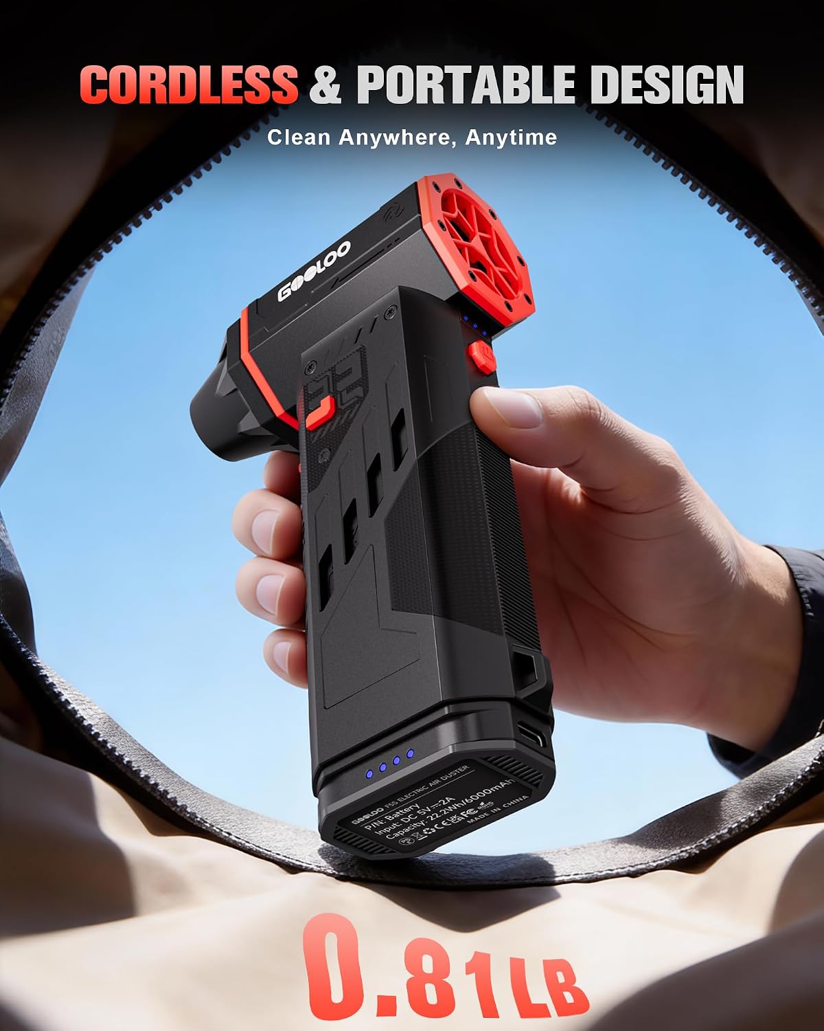 Detalle de GOOLOO F5S Compressed Air Duster – 180000RPM Cordless with 4 Nozzles and 6000mAh Battery