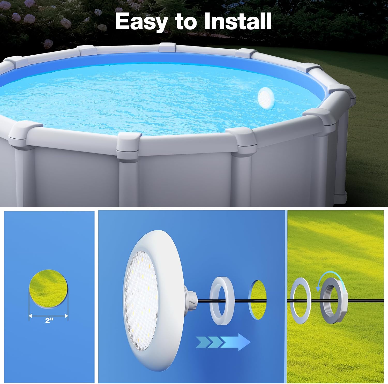 Detalle de LyLmLe Proiettore Piscina LED con filettatura esterna 2" | 18W, 3000K/6000K, Ø242mm, 12V AC