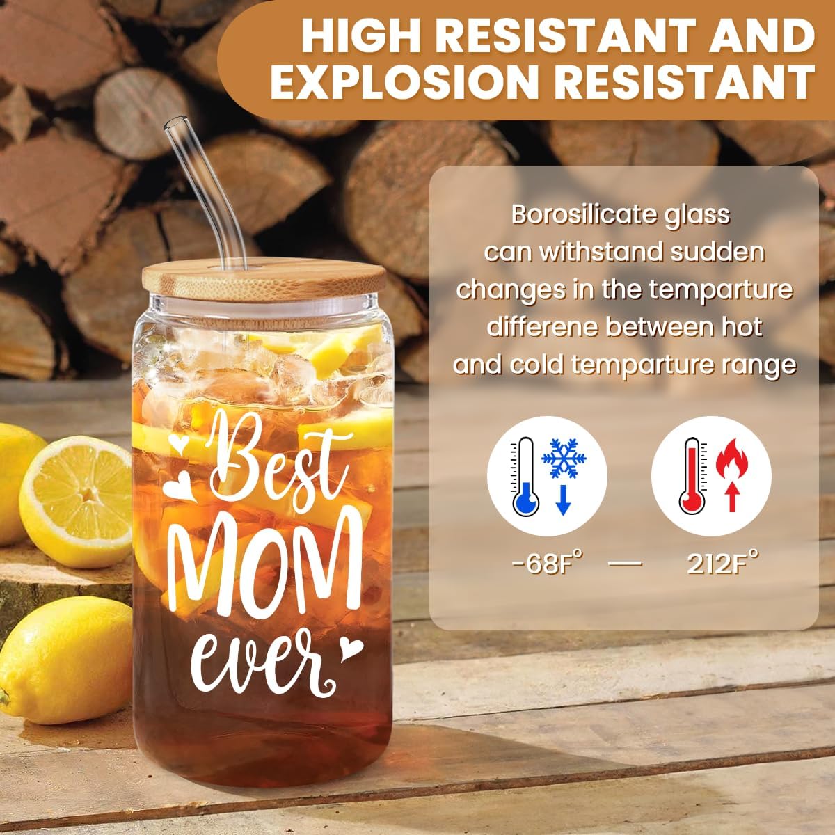 Thumbnail 2 de SANDJEST 16 oz Glass Coffee Cup with Bamboo Lid & Straw – Gifts for Mom from Daughter or Son