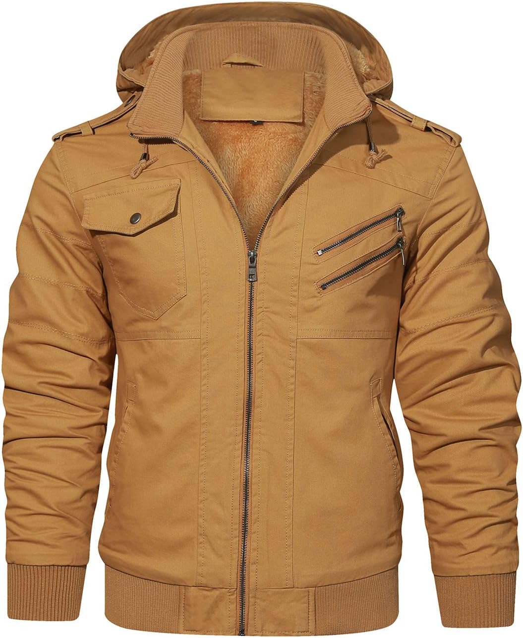Detalle de Hood Crew Herren-Winterjacke mit Kapuze, dickem Fleecefutter und Cargo-Taschen