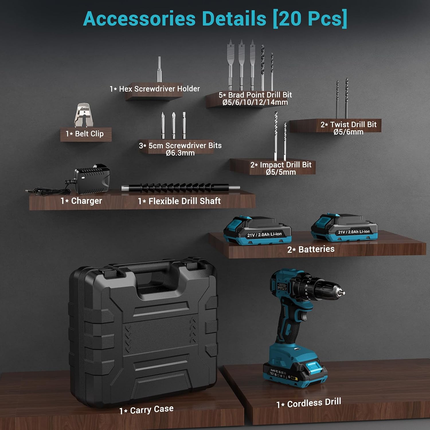 Thumbnail 6 de LEEIKOO 21V Brushless Cordless Hammer Drill/Driver with 2 x 2.0Ah Batteries, 45N.m Combi Mode