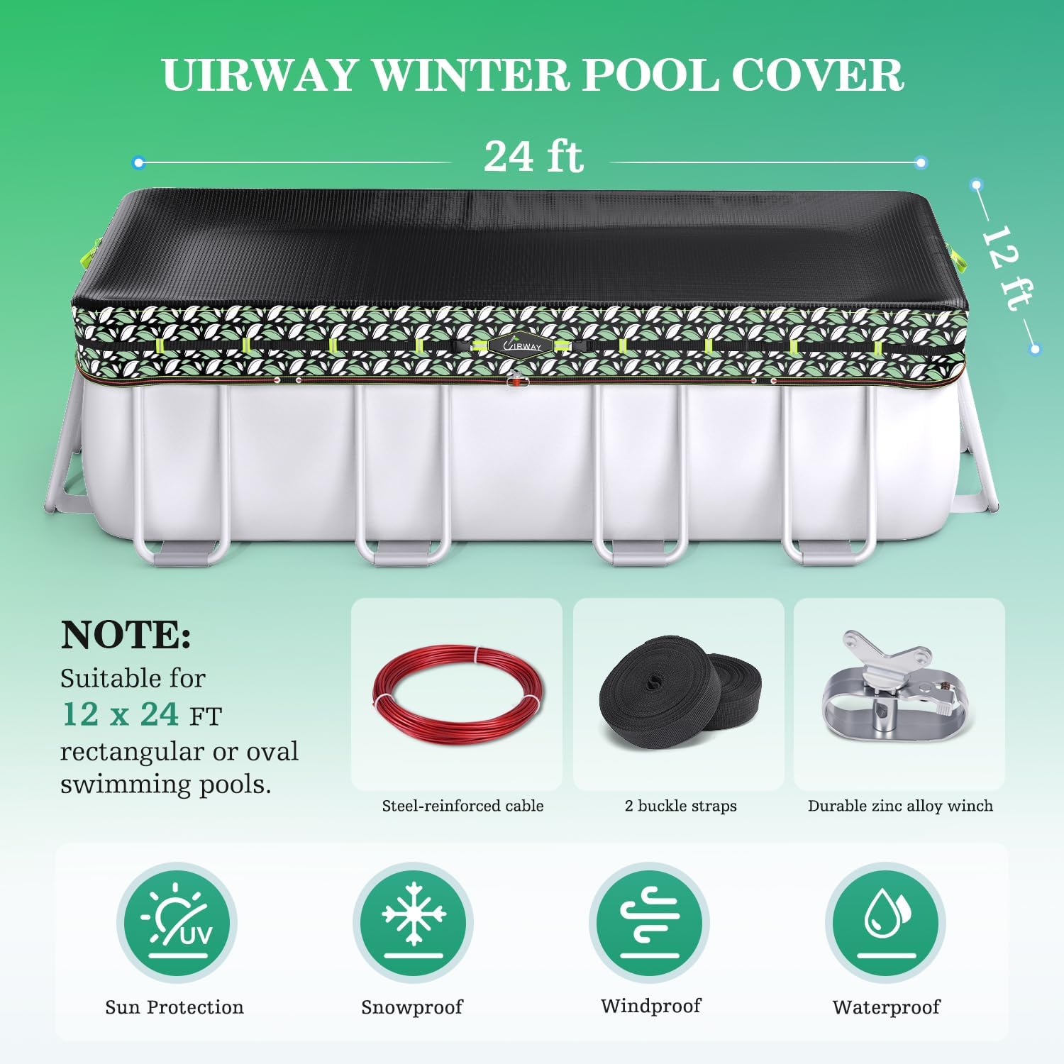 Thumbnail 1 de UIRWAY 12 x 24 FT winter pool cover Rectangular, 185 gsm PE