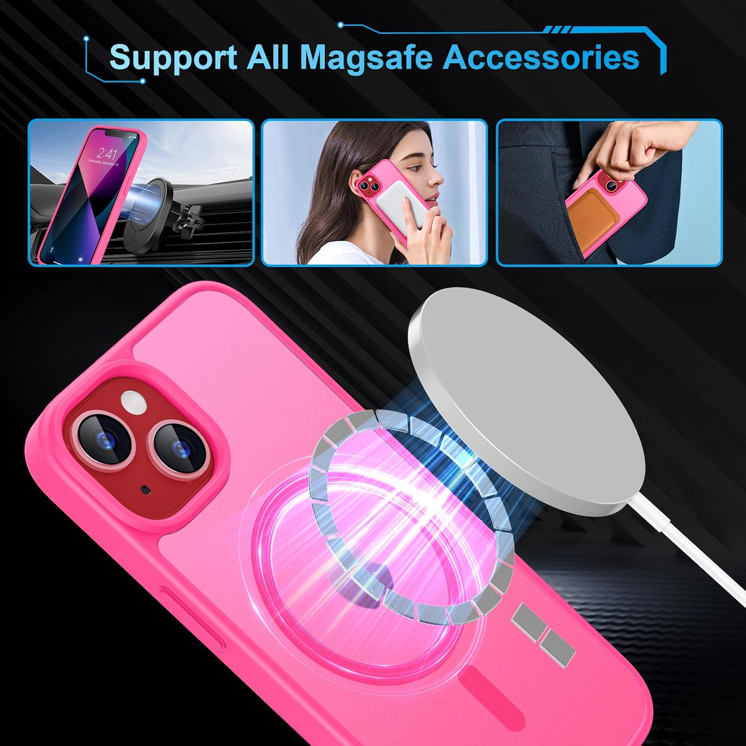Thumbnail 1 de TQIAHF Magnetic Phone Case for iPhone 13 / iPhone 14 with 2 Tempered Glass Screen Protectors (MagSafe Compatible) – Rose Red