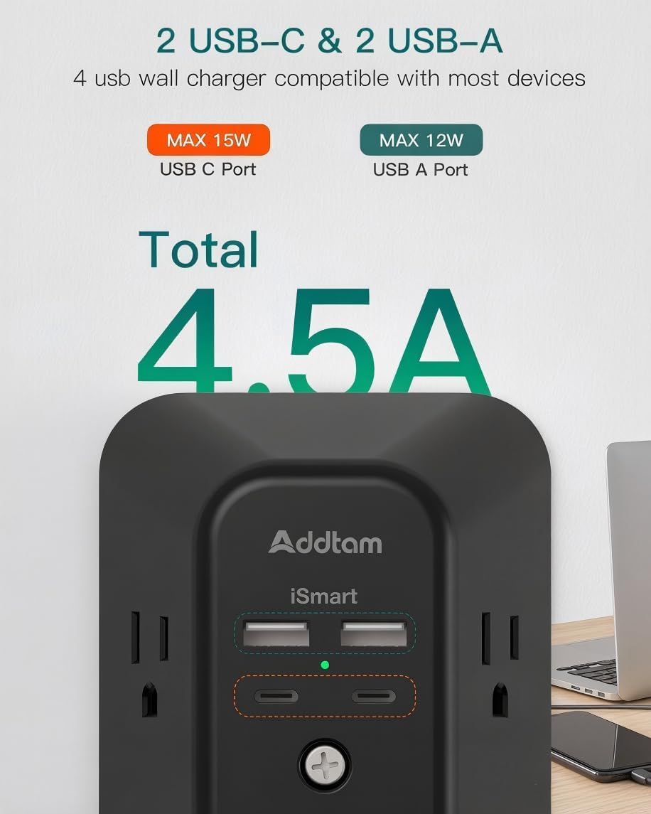Detalle de Addtam AD5004 Outlet Extender, 5 AC Outlets, 4 USB Ports, 1800J