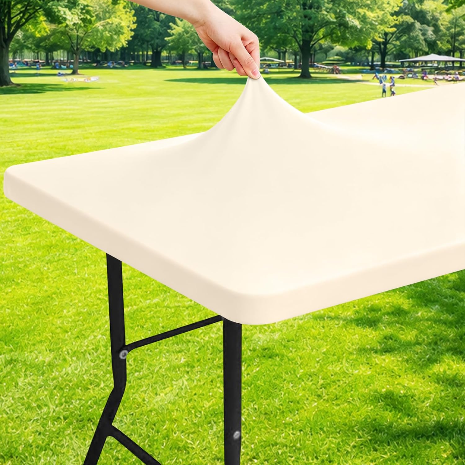 Detalle de Moosfor Spandex 6 Foot Rectangle Table Cloth – Champagne Elastic Fitted Cover (30" x 72")
