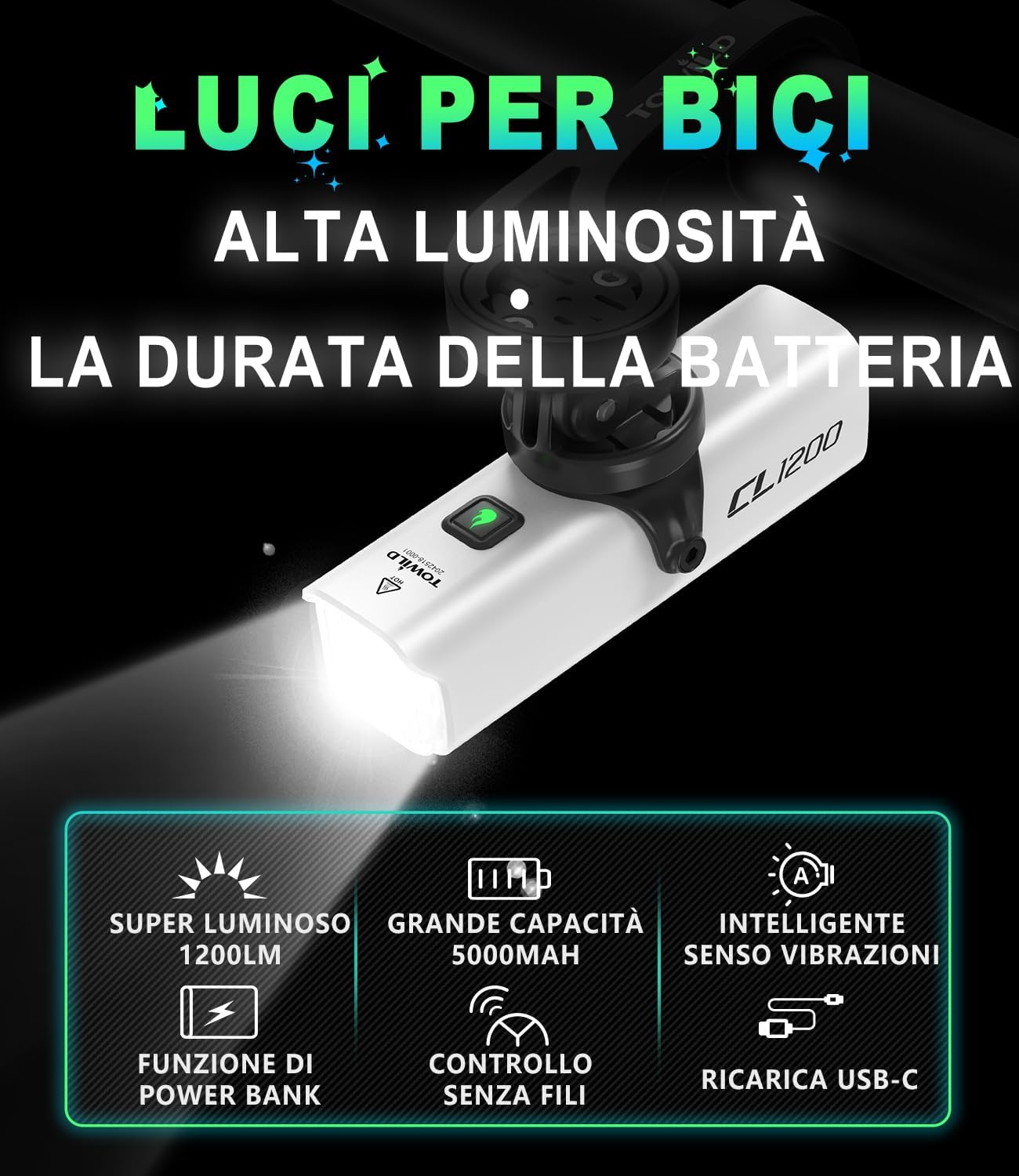 Detalle de towild CL1200 1200 lumen luce anteriore per bici